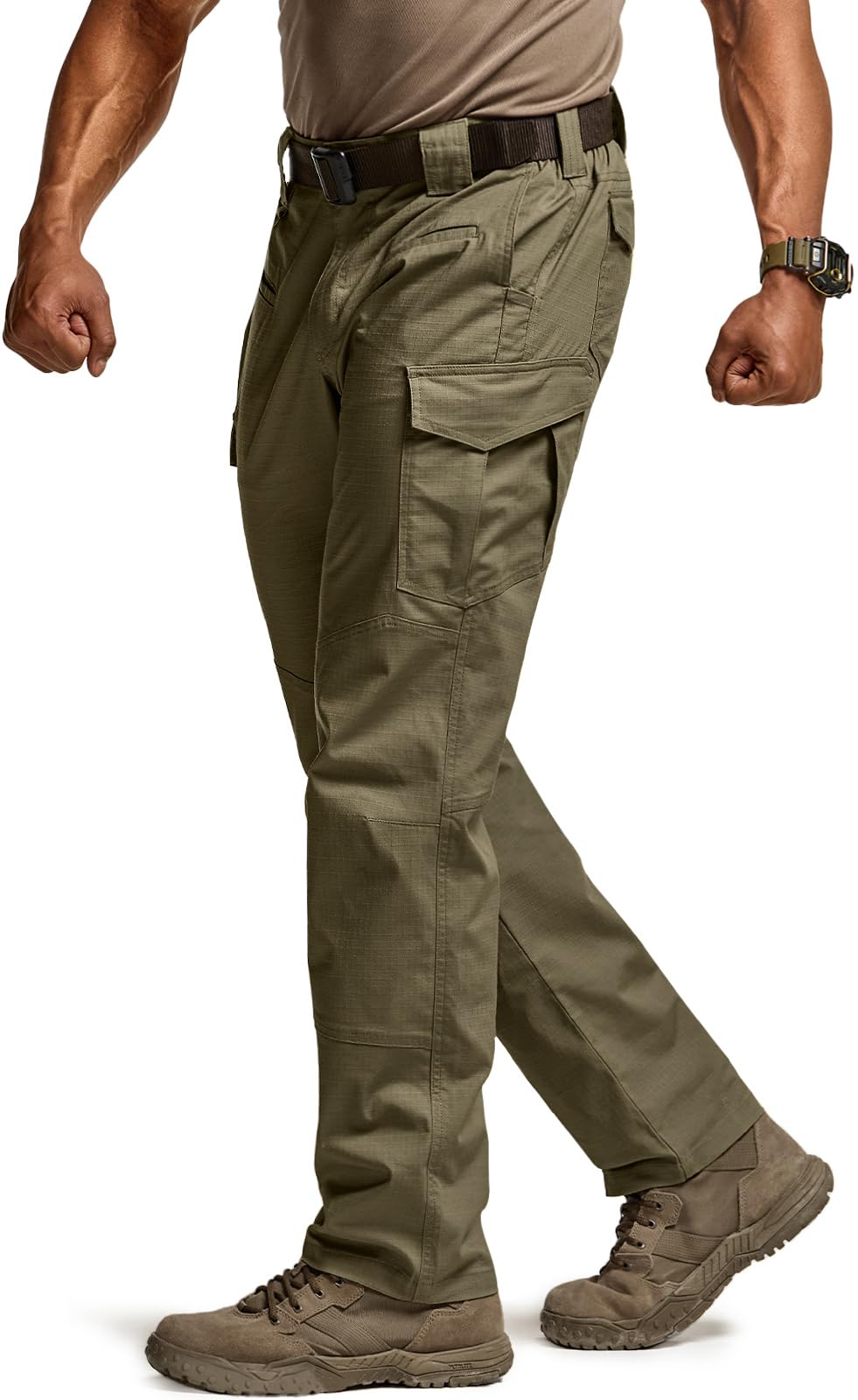 CQR Men's Flex Ripstop Tactical Pants, Water Resistant Stretch Cargo Pants, Lightweight EDC Hiking Work Pants, Marauder Soil Green, 34W x 32L