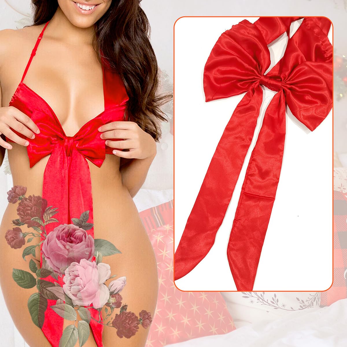 NewBull Women's Sexy Satin Unwrap Me Babydoll Lingerie Bowknot Teddy Bodysuit Underwear One Piece Backless Nightwear Red Big Bow Gift Naughty Sleepwear for Ladies Valentine's Day Christmas Outfit