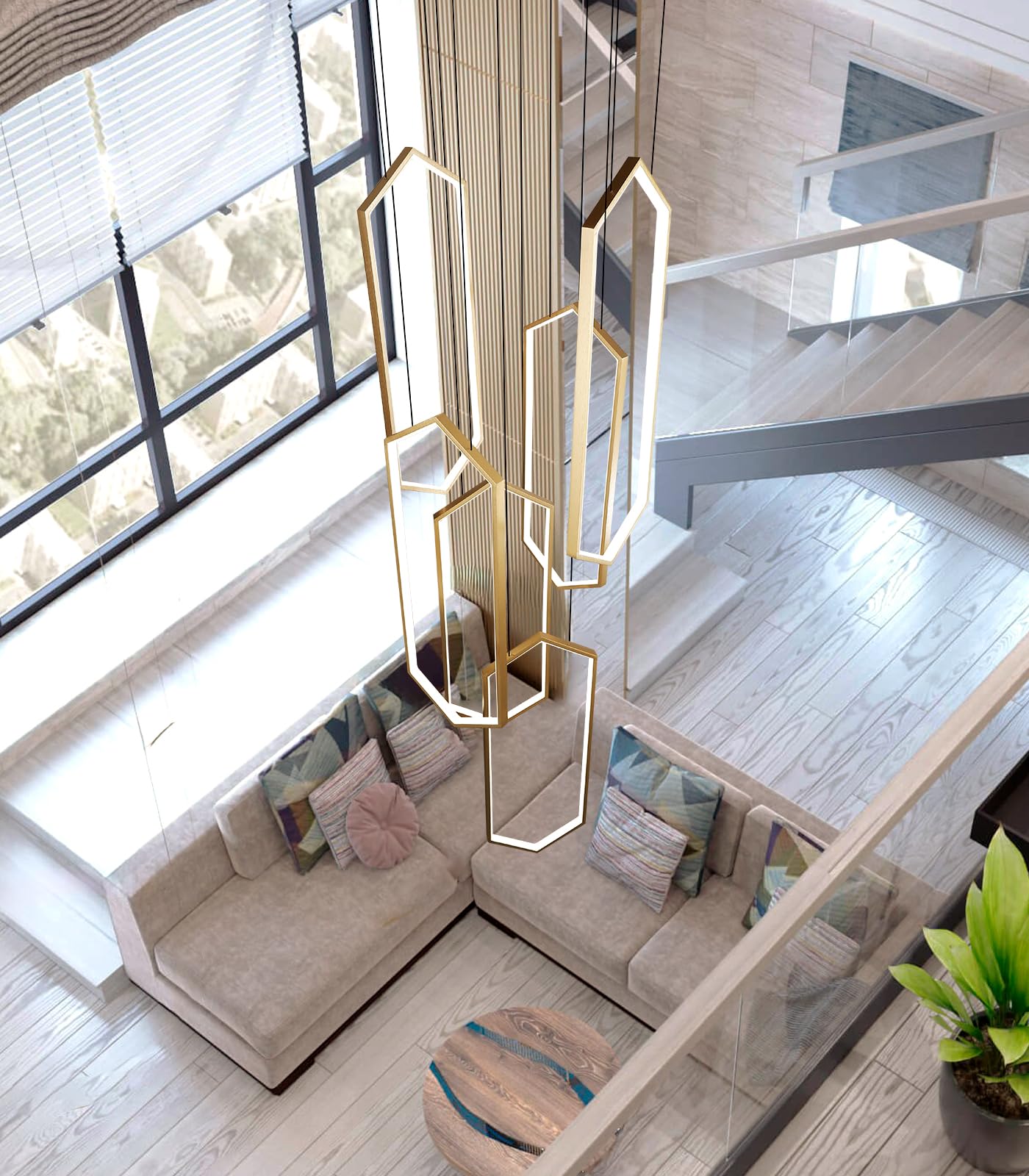 dolria 6-Rings Chandelier Modern, Gold Contemporary LED Light for Living Room Entrance, Dimmable Flush Mount High Ceiling Chandeliers with Remote Control for Villa Foyer