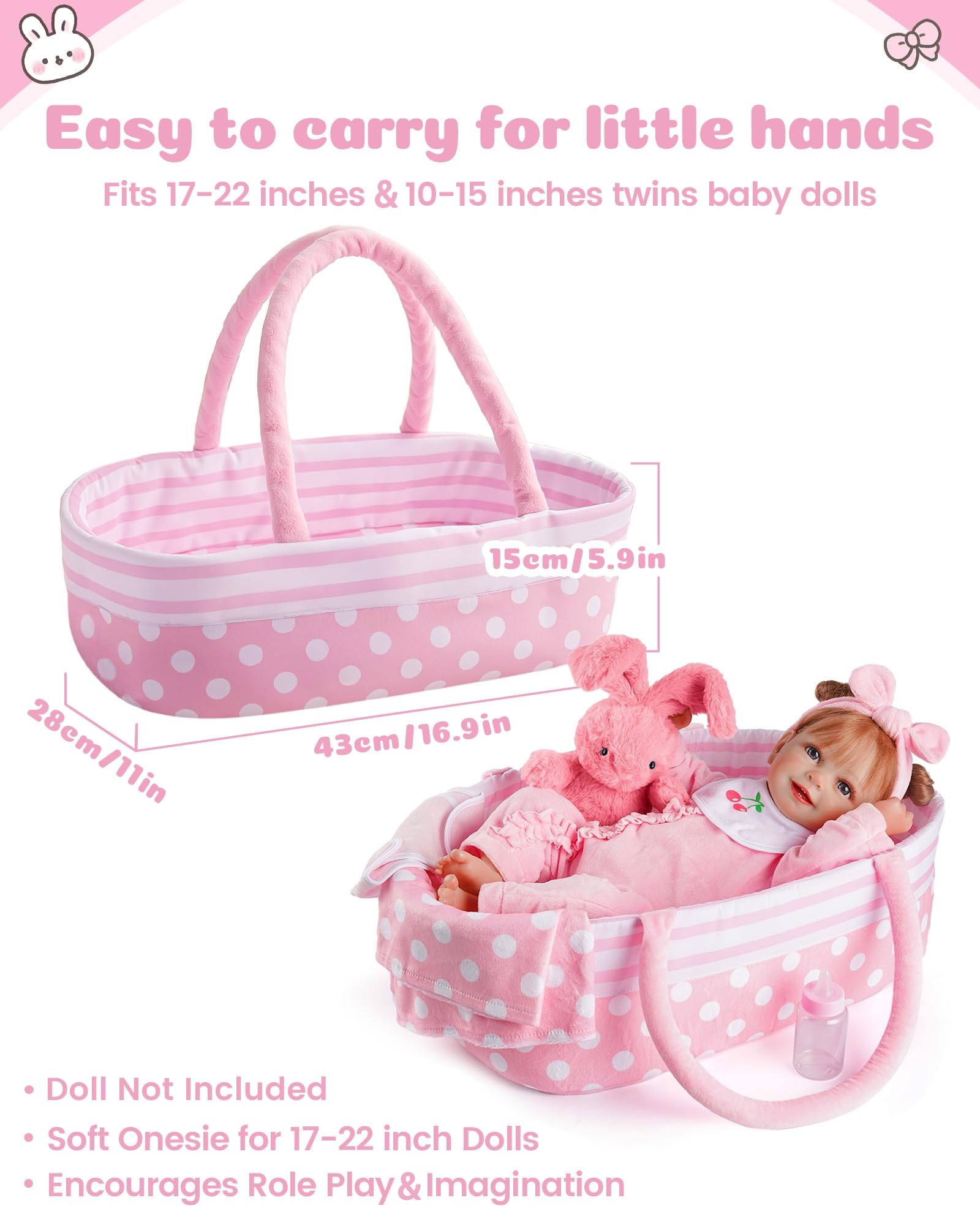 BABESIDE 8 Pcs Baby Doll Accessories, Reborn Baby Dolls Clothes with Bassinet for 17-22 Inch Baby Dolls, Outfit fit Newborn Babies Doll Girl, Babies Pretend Play Set