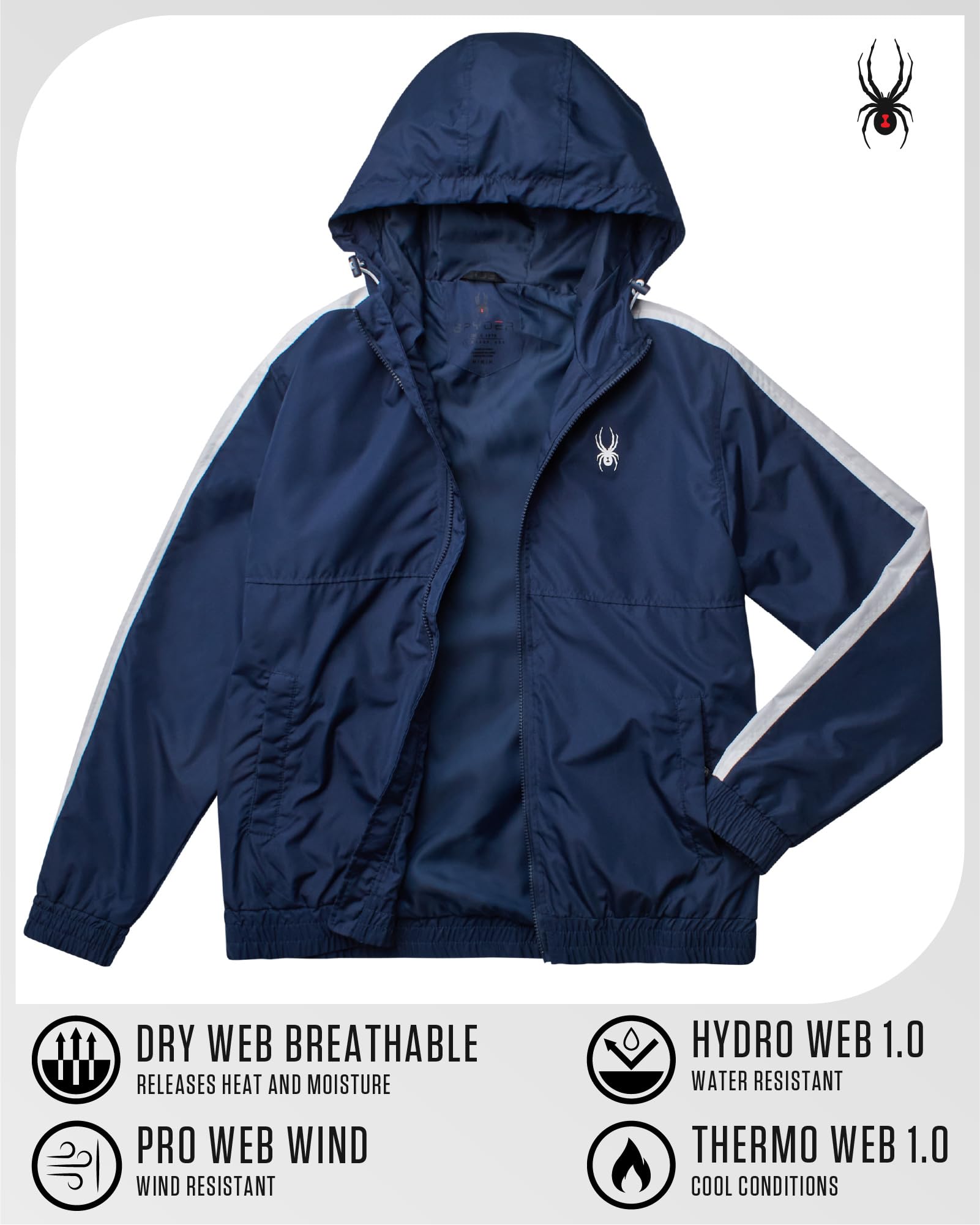 Spyder Mens Windbreaker Jacket - Lightweight Wind & Water-Resistant Hooded Zip Up Jacket for Travel Running Golf & Daily Wear, Size Large, True Navy