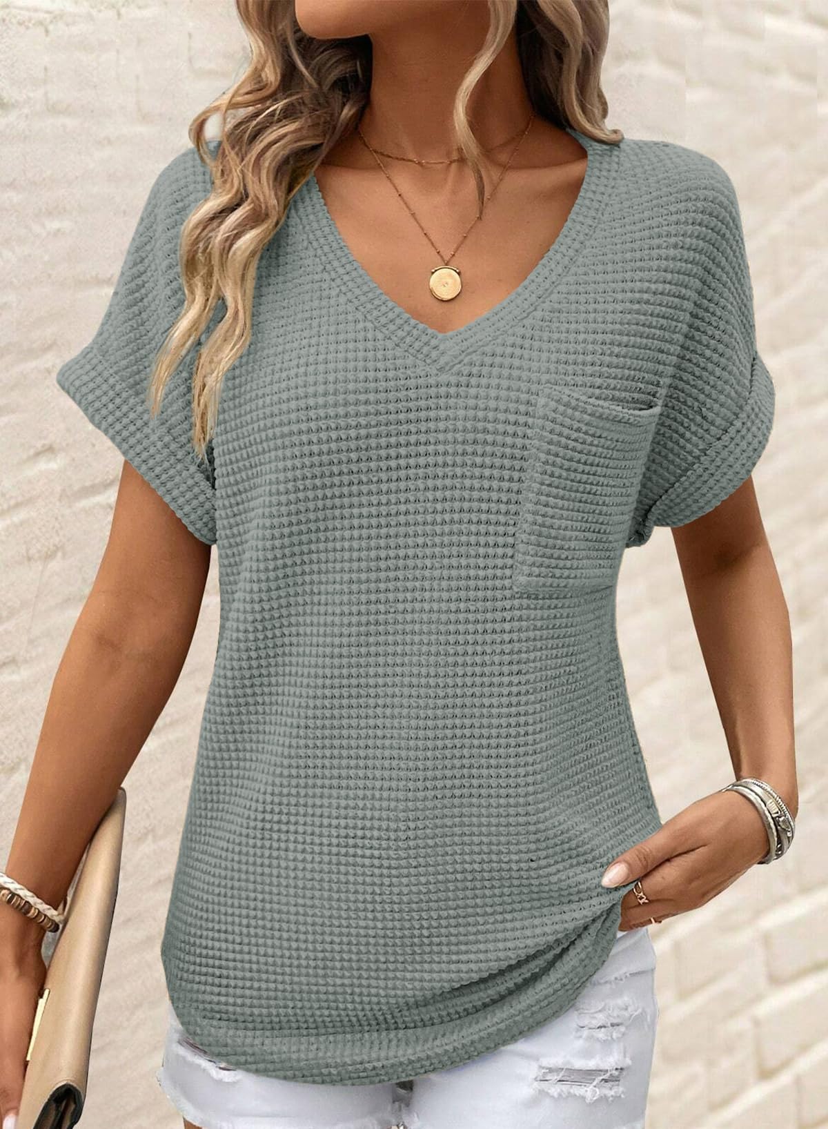 Dokotoo Womens Summer Tops for Women Blouses 2025 Fashion Clothing Outfits Fall Tops Trendy Blouses Business Dressy Sweaters Casual Cute Tunic Waffle Knit Oversized Tshirts T Shirts Basic Tee