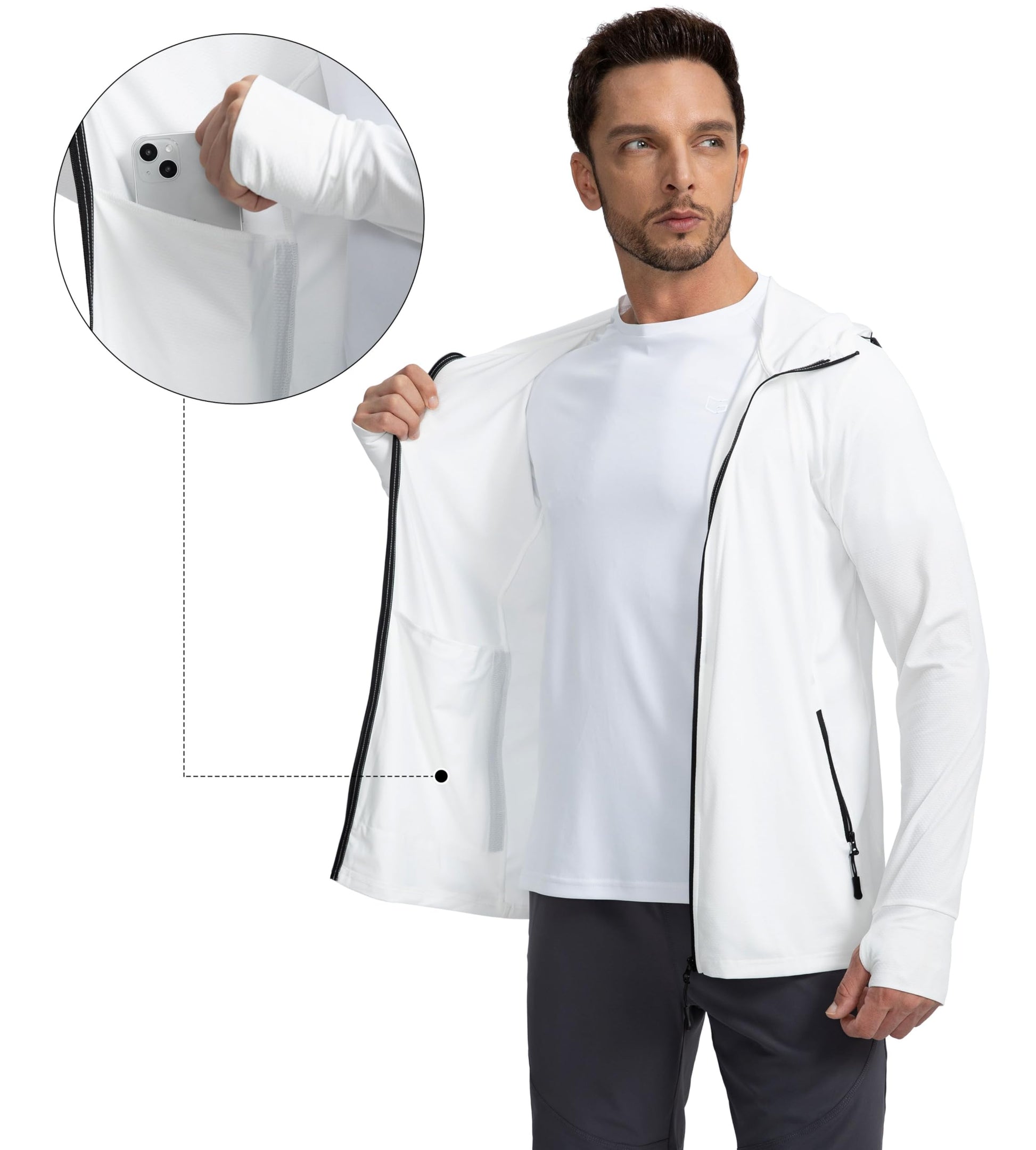 Men's UPF 50+ Light Jacket Full Zip Sun Protection Hoodie Long Sleeve Sun Shirts for Men Hiking Fishing Zip Pockets(White_L)