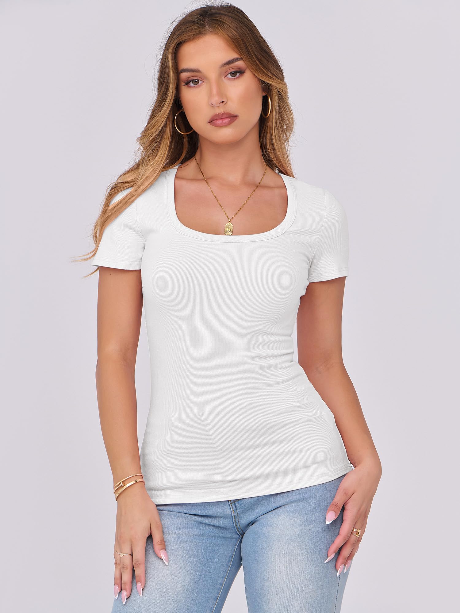 ANRABESS Women Short Sleeve Tops Scoop Neck Ribbed Knit Slim Fitted Basic Tee Shirts Casual Summer Clothes 2025 Fall Outfits White Large