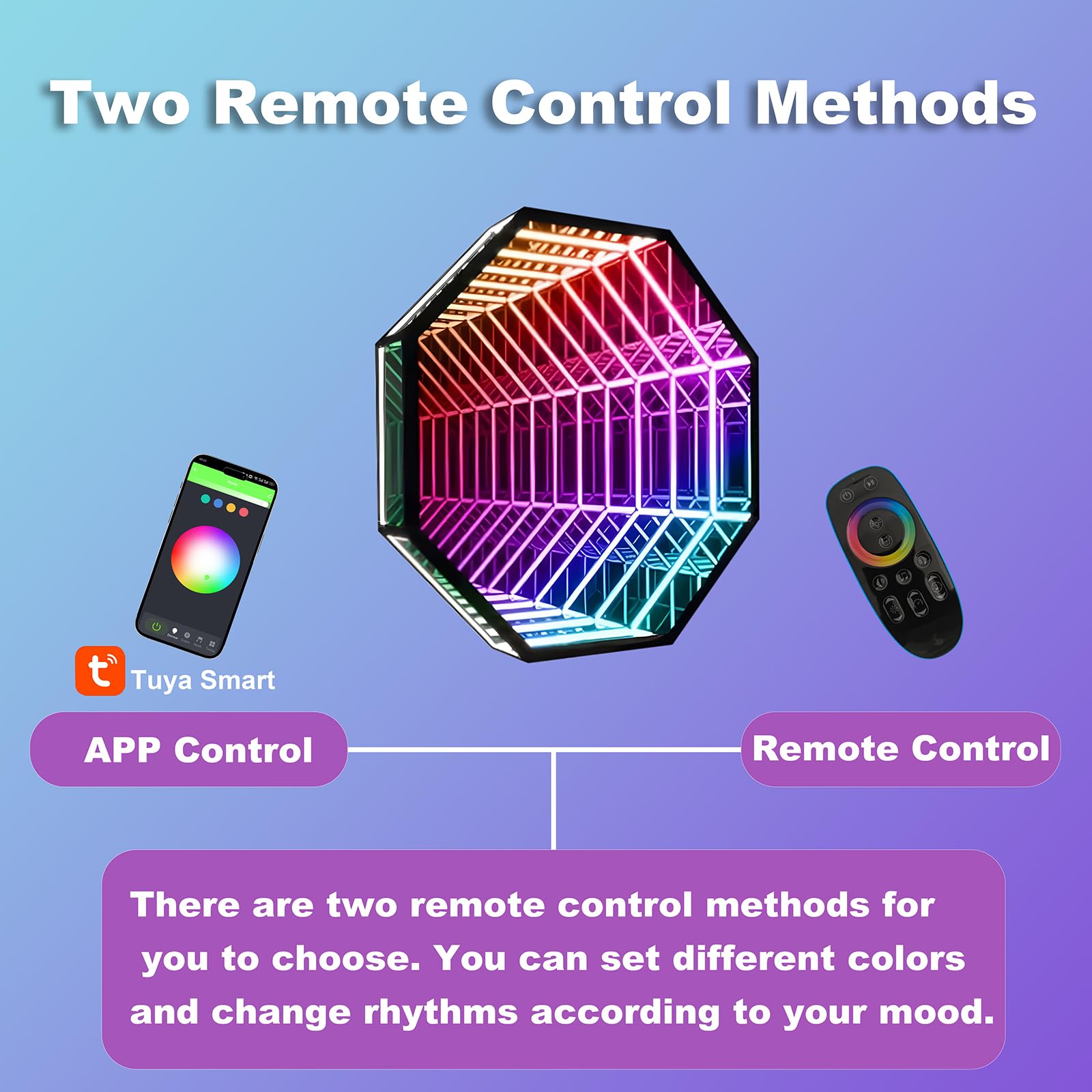 XQDUPDA 3D LED Infinity Mirror Light – Multicolor Tunnel Lamp with Smart APP & Remote Control, Cool RGB Art Light for Home Decor, Bedroom, Living Room, Party, Bar & Gaming (Octagon-19.7 in/50 CM)