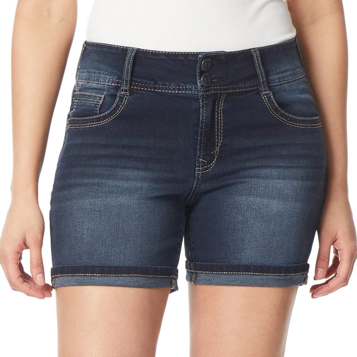 WallFlower womens Luscious Curvy Mid-rise Bling and Belted Insta Stretch Juniors (Standard Plus) Denim Shorts, Betsy Midi, 11 US