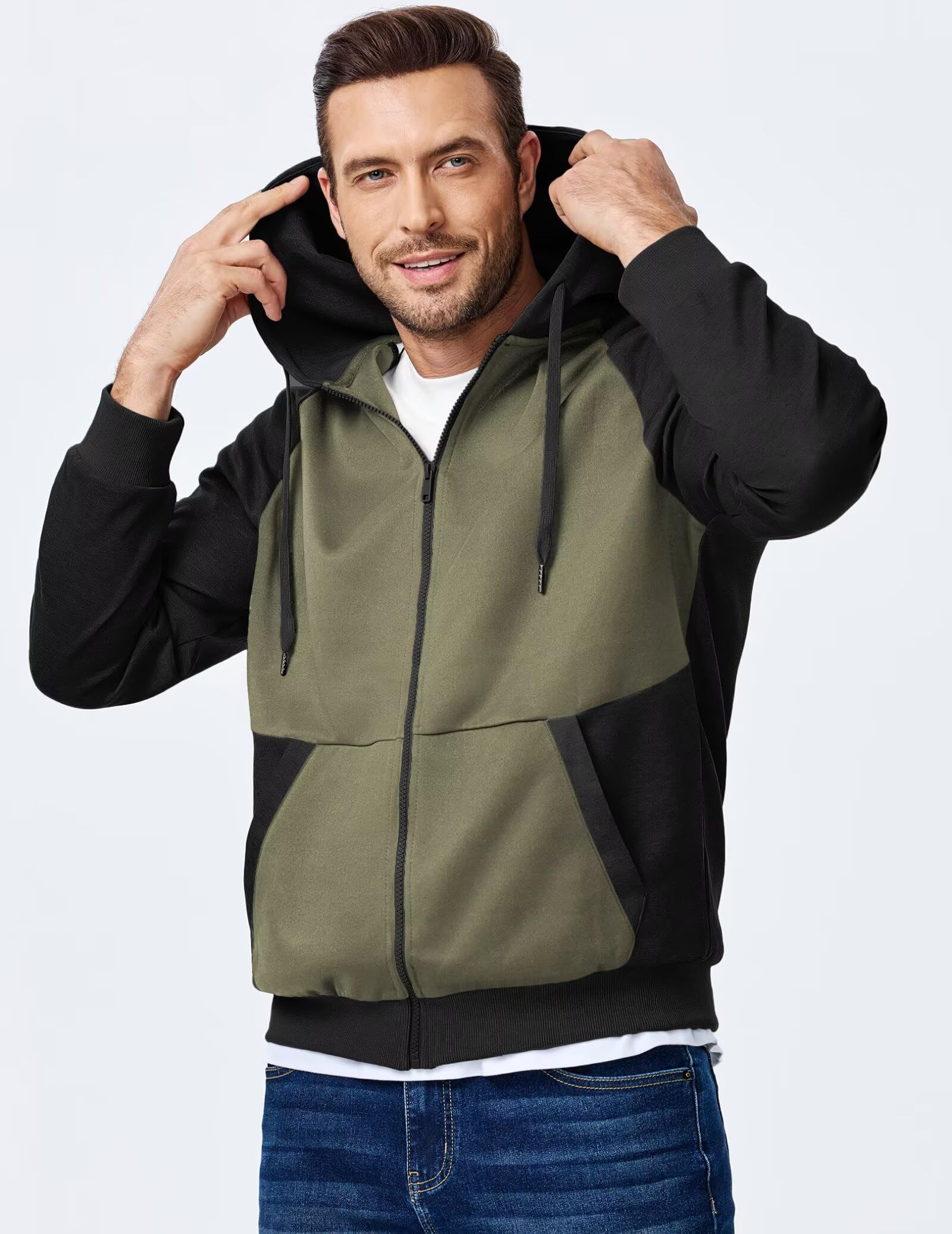 Dokotoo Men Mens Full Zip Hoodie Casual Long Sleeve Drawstring Zipper Hoodies Fall Winter Jackets Coats Color Block Lightweight Comfort Fashion Sweatshirts With Pocket Green X-Large