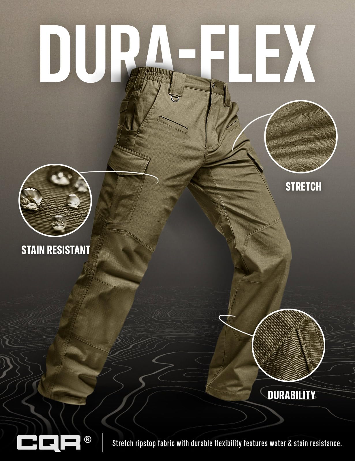 CQR Men's Flex Ripstop Tactical Pants, Water Resistant Stretch Cargo Pants, Lightweight EDC Hiking Work Pants, Marauder Soil Green, 34W x 32L