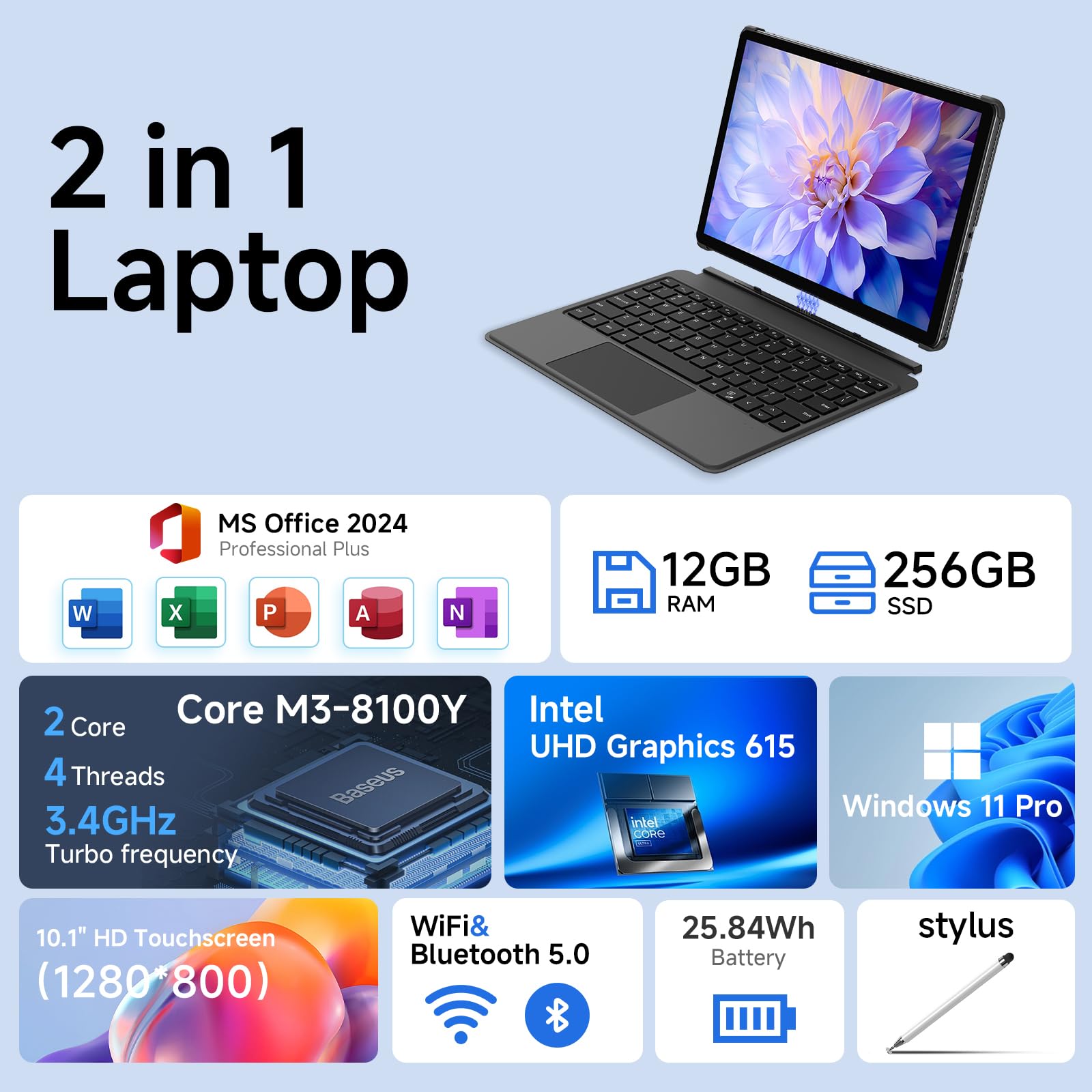 EYY 10.1" 2 in 1 Tablet/Laptop Computer, 12GB RAM+256GB SSD, Windows 11 Touchscreen Laptops with Stylus and Keyboard, Intel M3-8100Y Processor(up to 3.40GHz), WiFi 5, BT 5, HDMI, Dual Camera, Gray