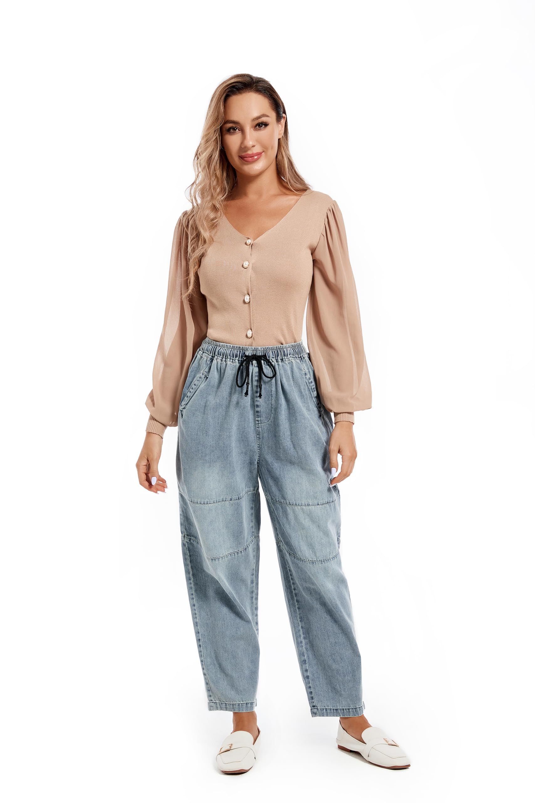 FTCayanz Women's Baggy Jeans Pull On Denim Joggers Elastic Waist Casual Harem Pants with Pockets Jean Blue