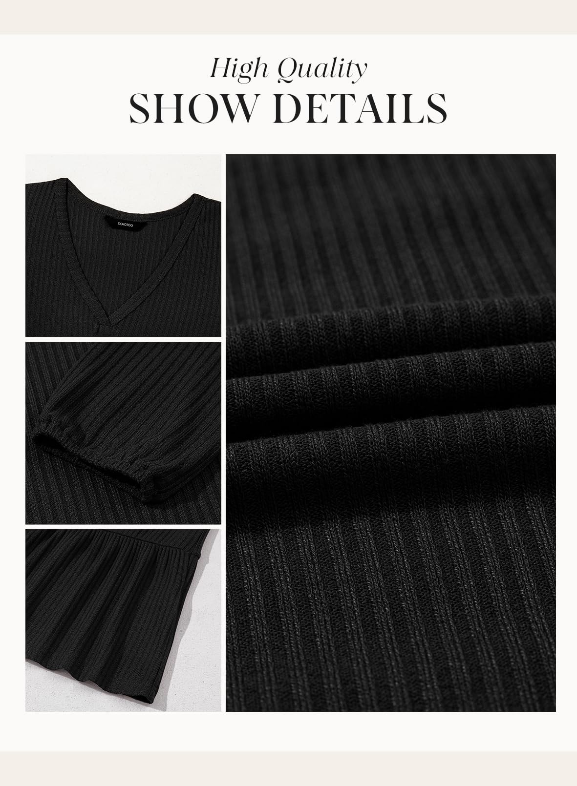 Dokotoo Fall Dresses for Women 2025 V Neck Ribbed Knit Texture Empire Waist Long Sleeve Dress Swing Flared Ruffle A Line Cute Casual Loose Flowy Wedding Guest Party Short Mini Dress Black Small
