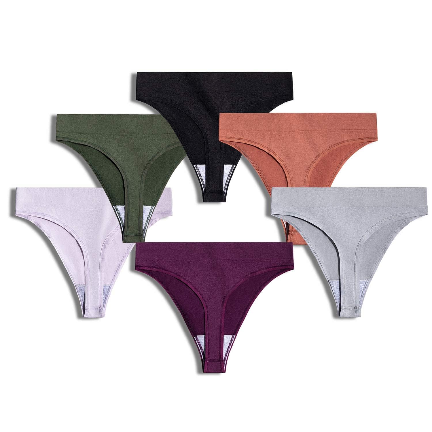 GRANKEE Women's Breathable Seamless Thong Panties No Show Underwear 6 Pack(Black/Caramel/Purple/Olive Green/Lavender/Light Grey 6 Pack M)