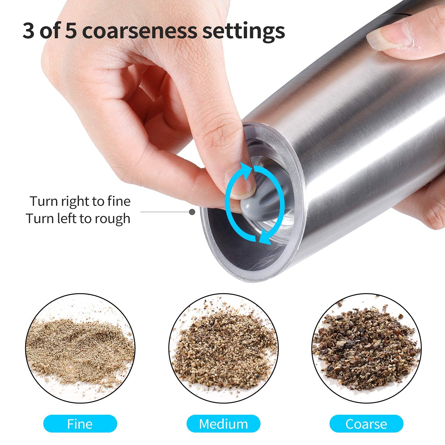 Gravity Electric Pepper and Salt Grinder Set, Adjustable Coarseness, Automatic Shakers Mill Grinder with LED Light, Battery Powered, Upgraded Larger Capacity, One Hand Operated (Sliver 2 Pack)