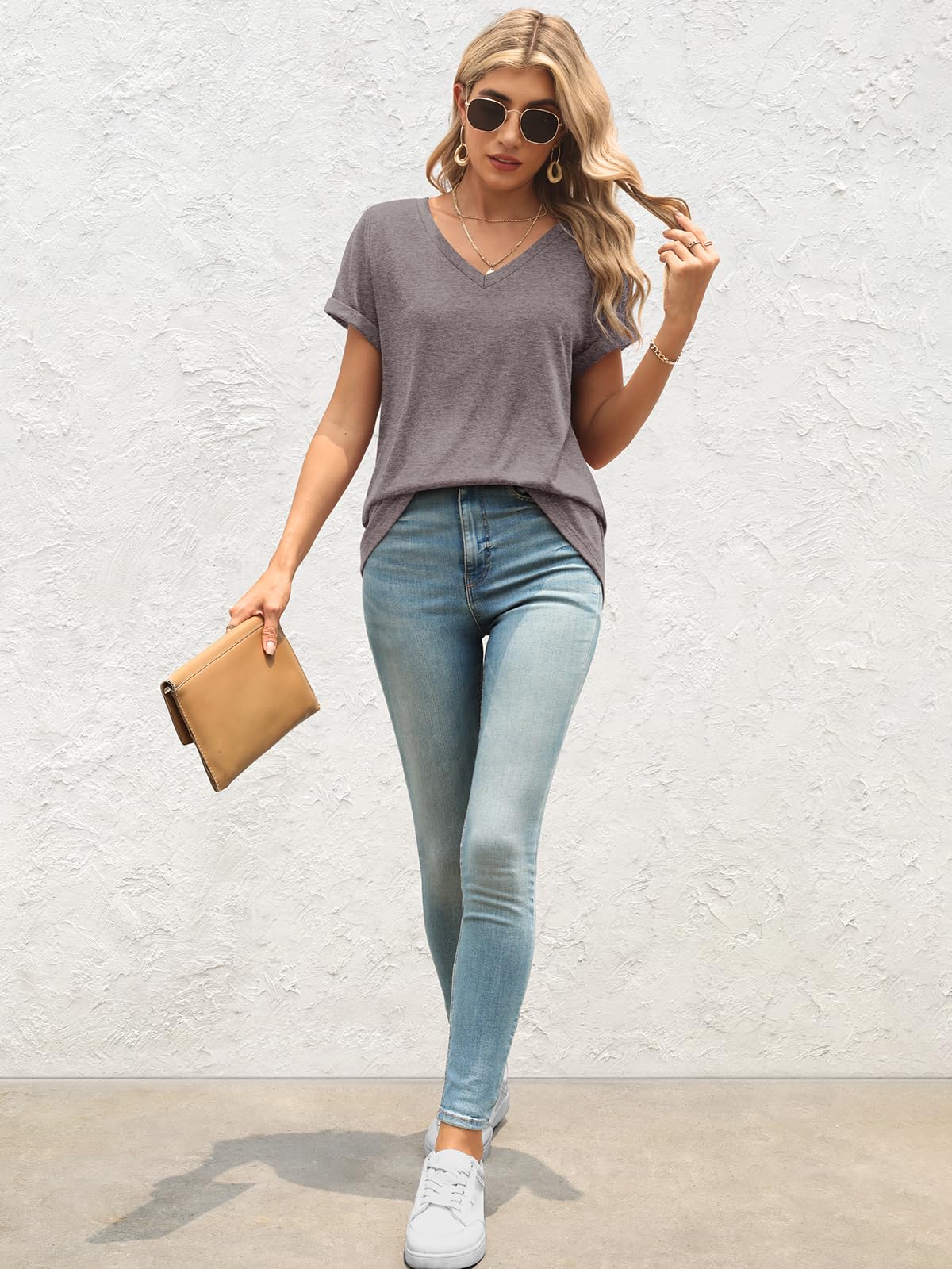 ATHMILE Womens T Shirts for Women Short Sleeve V Neck Basic Tees Tunic Tops Loose Fit Casual Summer Outfits Clothes Beach