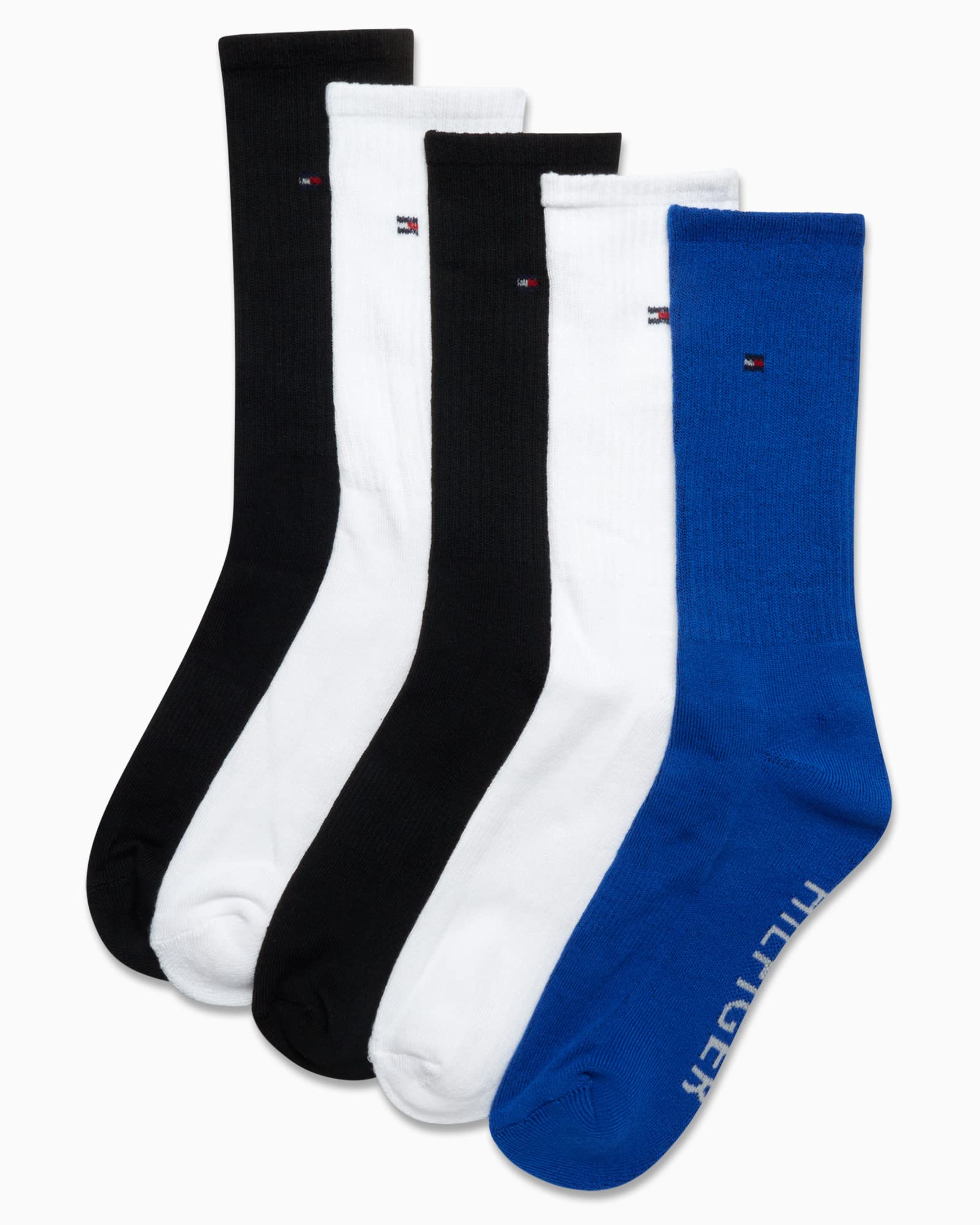 Tommy Hilfiger Men's Athletic Socks - Cushioned Crew Socks (5 Pack), Size 7-12, Blue Logo