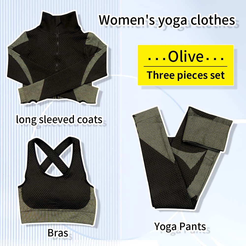 SINBRLAI Women's 3pcs Seamless Workout Outfits Sets, Yoga Sportswear Tracksuit Leggings and Stretch Sports Bra Fitness