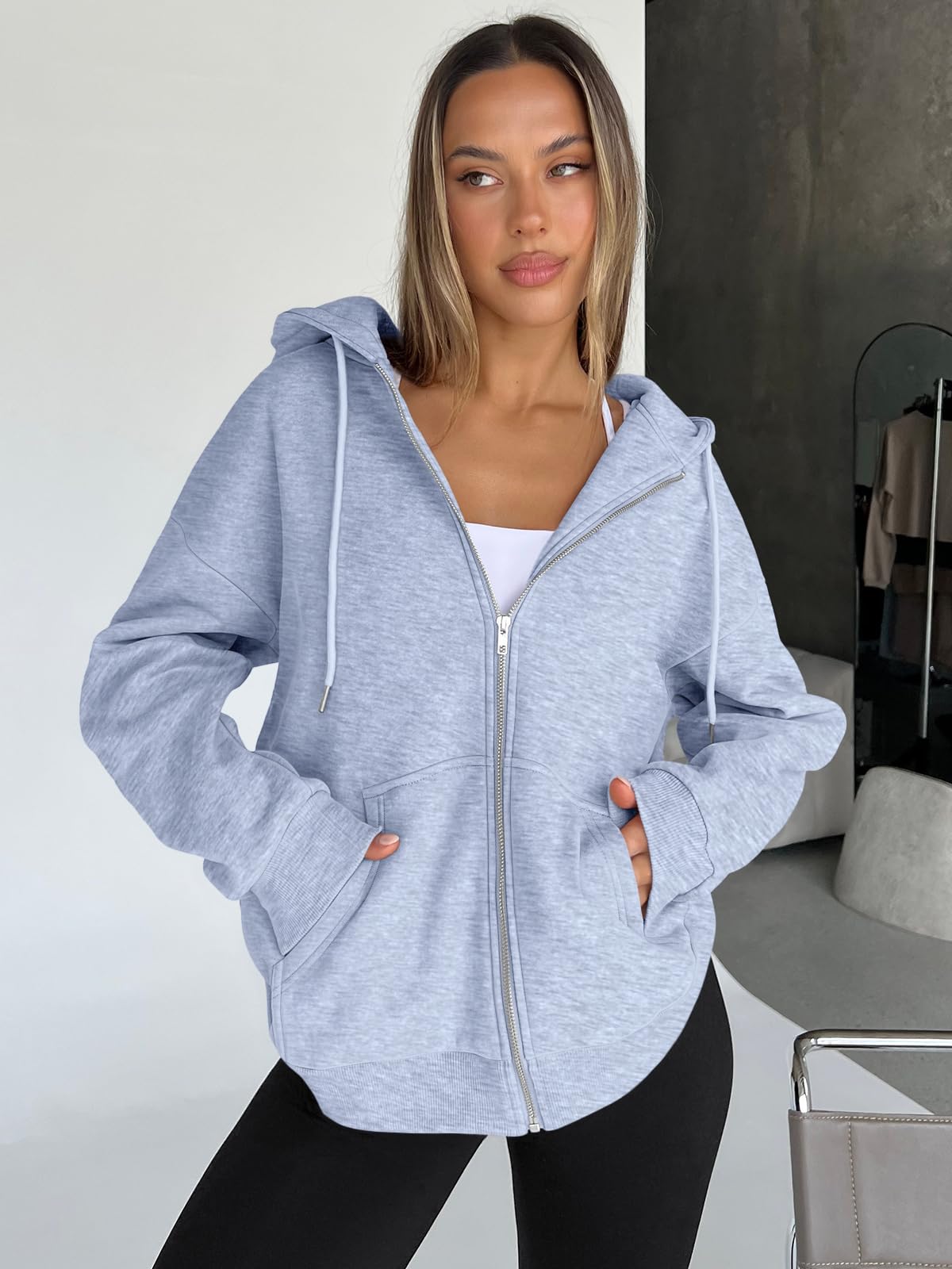 Trendy Queen Womens Zip Up Hoodies Oversized Sweatshirts Fall School Fashion Outfits Casual Jackets 2025 Winter Clothes Grey L