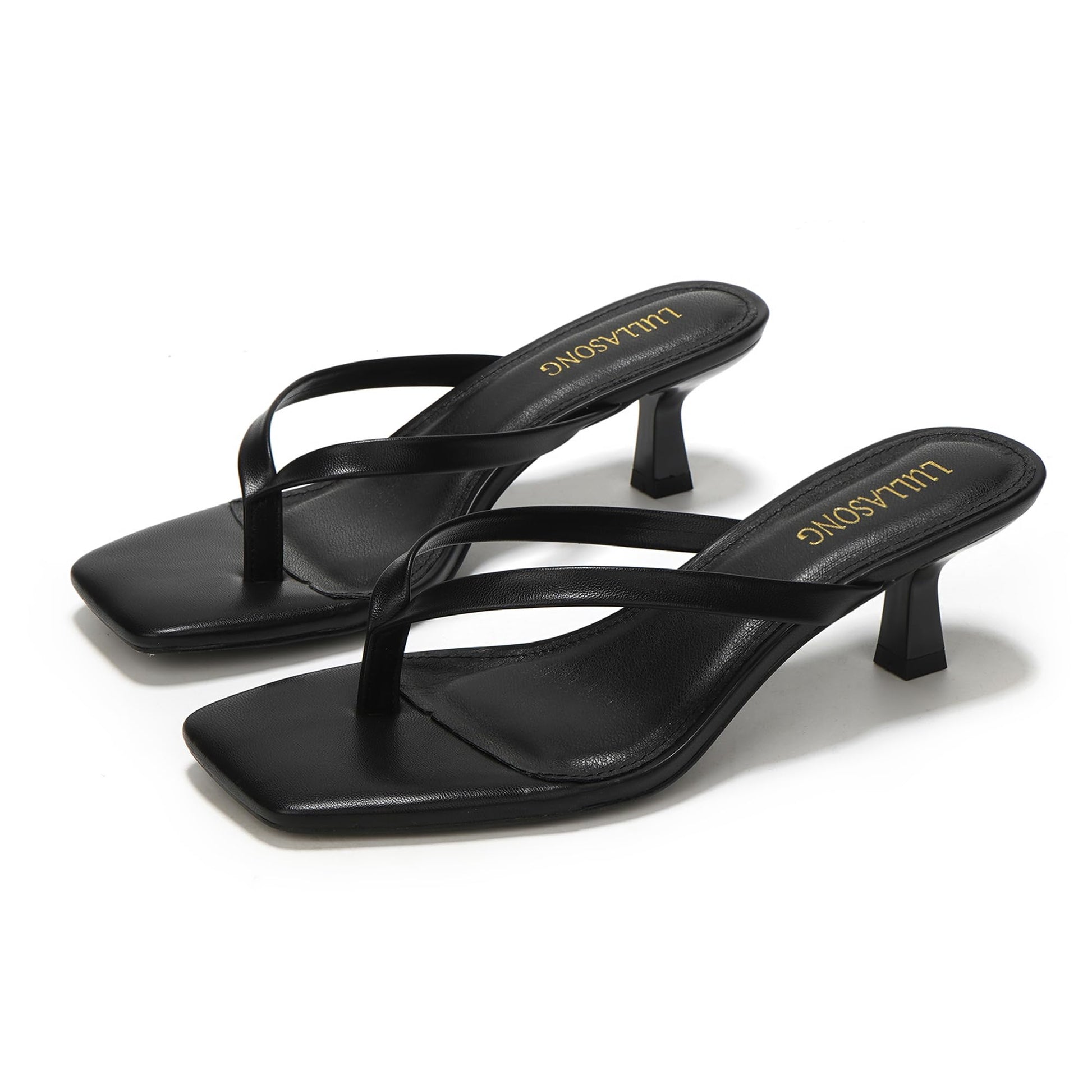 LULLASONG Women's Black Kitten Heels Sandals Square Open Toe Flip Flop Heels 1.8-2 Inch Heeled Sandals for Women