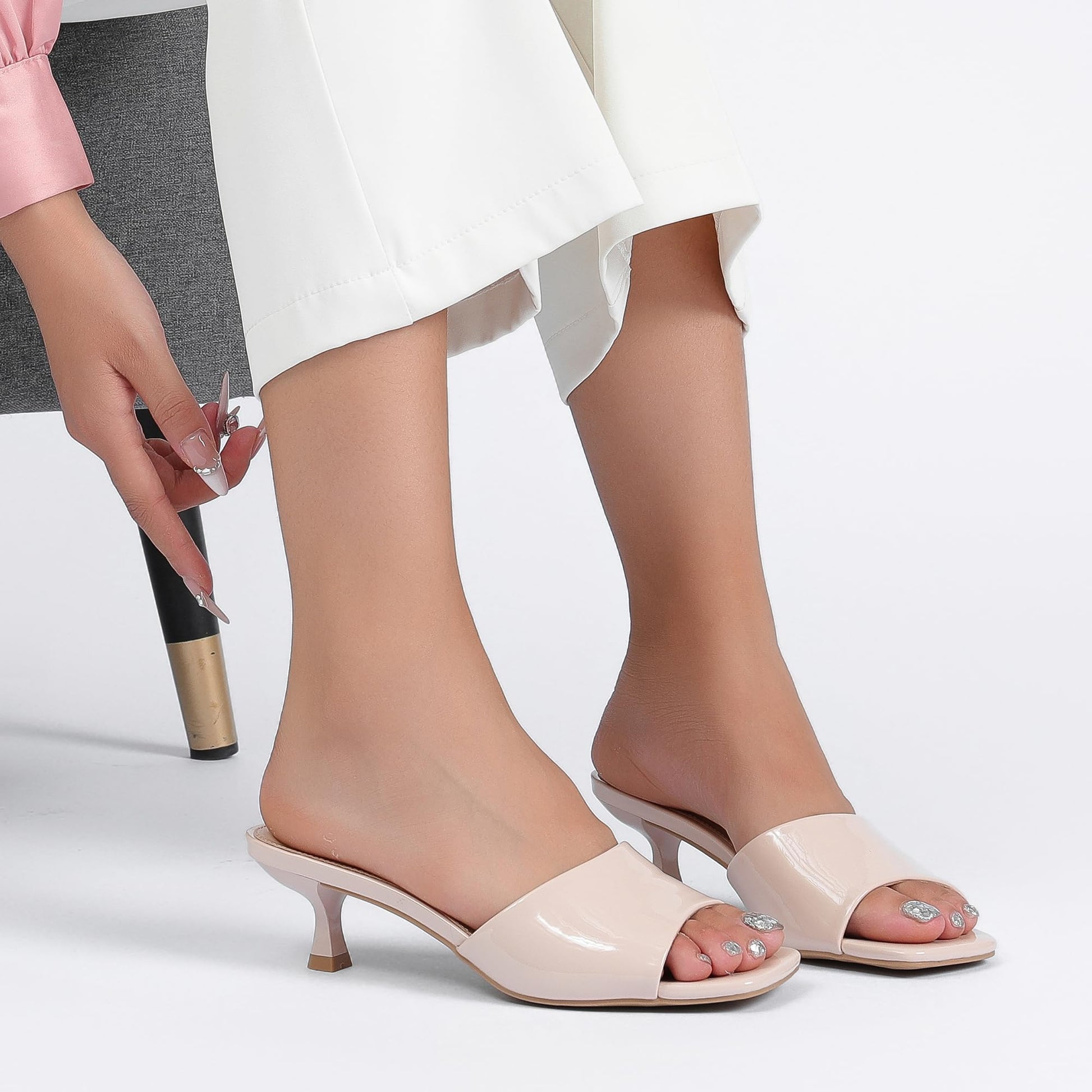 AprCoco Women Kitten Heels Sandals Low Heels Square Open Toe One Band Slip-On Heeled Mules Comfortable Dressy Vacation Sandals,Size 10,Nude