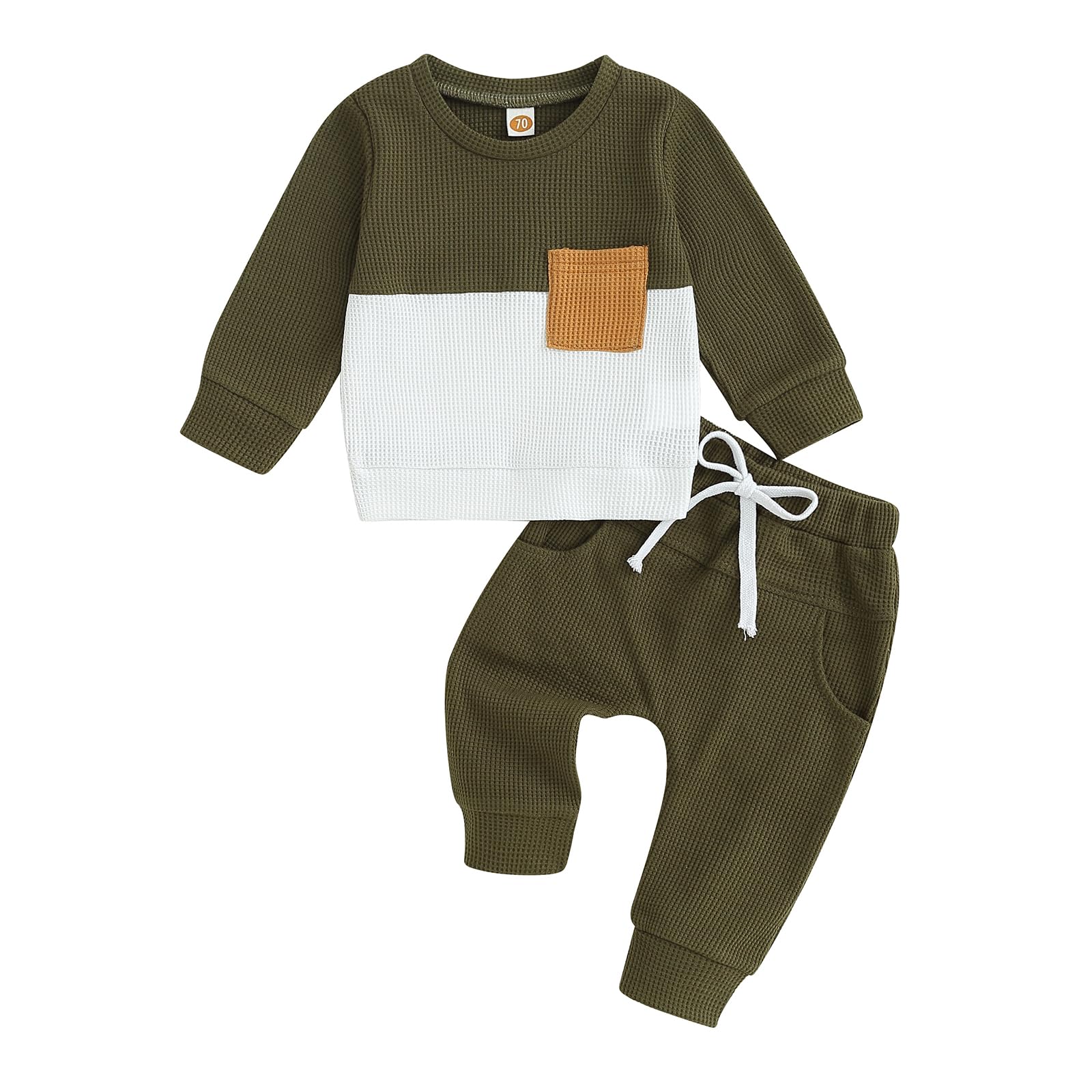 GGBNOMER Toddler Baby Boy Fall Clothes Waffle Contrast Color Sweatshirt Pants Sets Infant Winter Outfits 6 12 18 24 Months (Army Green, 12-18 Months)