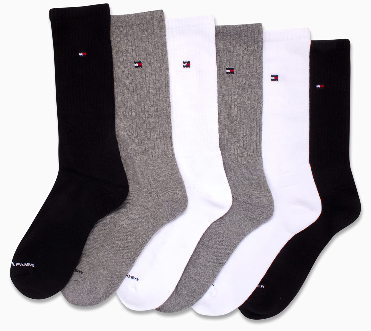 Tommy Hilfiger Men's Crew Socks - 6 Pack Performance Comfort Cushioned Athletic Socks - Breathable Crew Socks for Men (7-12), Size 7-12, Grey Assorted