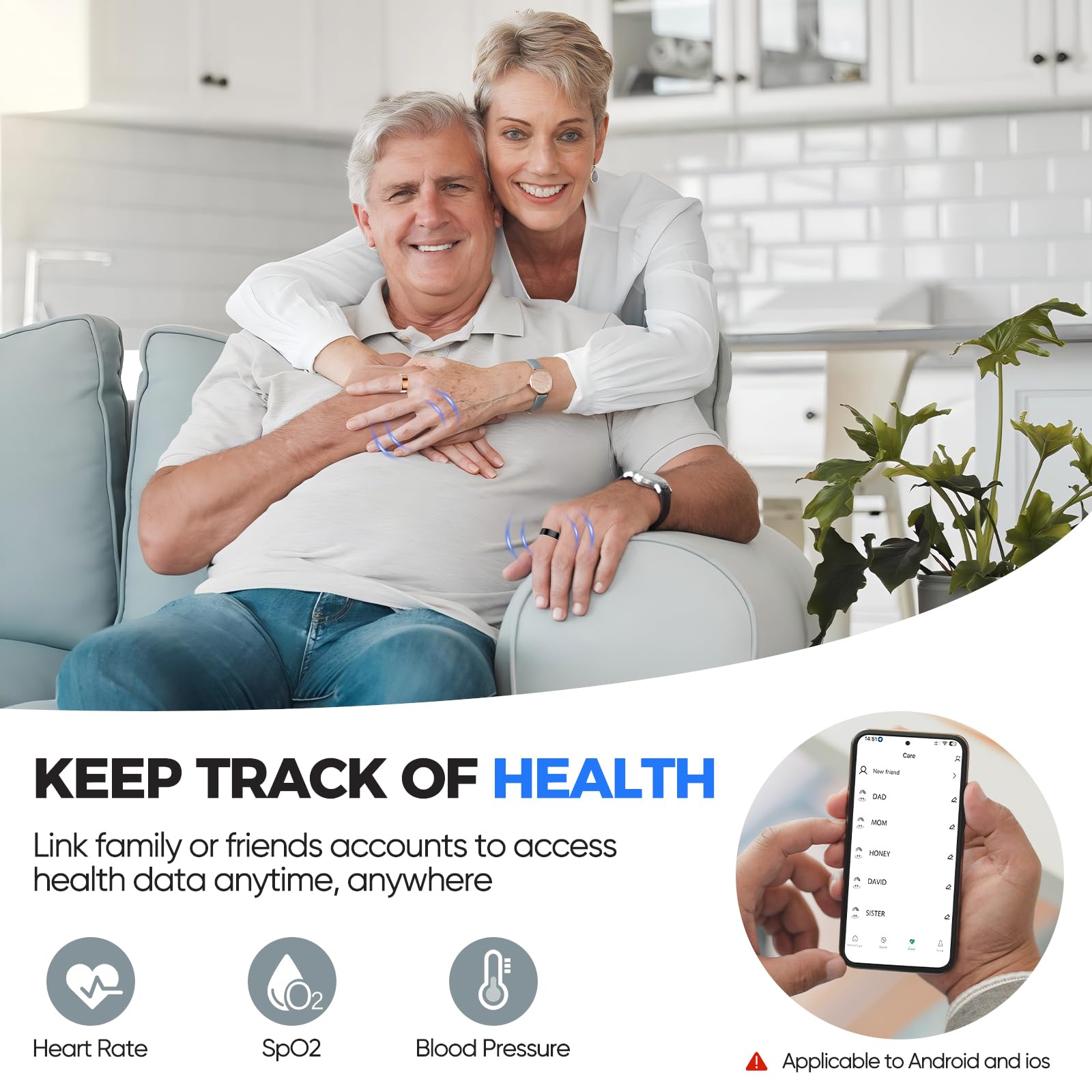 Smart Health Ring for Women Men Fitness Tracker with Heart Rate, Blood Pressure,Blood Oxygen,Step Counting, Sleep Monitoring,IP68 Waterproof for iPhone and Android, No Subscription Fee (Silver, 9)