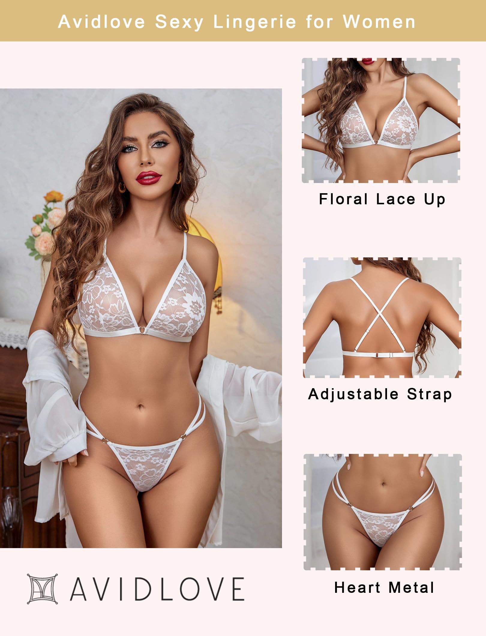 Avidlove Sexy Lingerie Sheer Floral Lace Lingerie Set High Waist Sleepwear Bra and Panty 2 Piece Nightwear White Medium