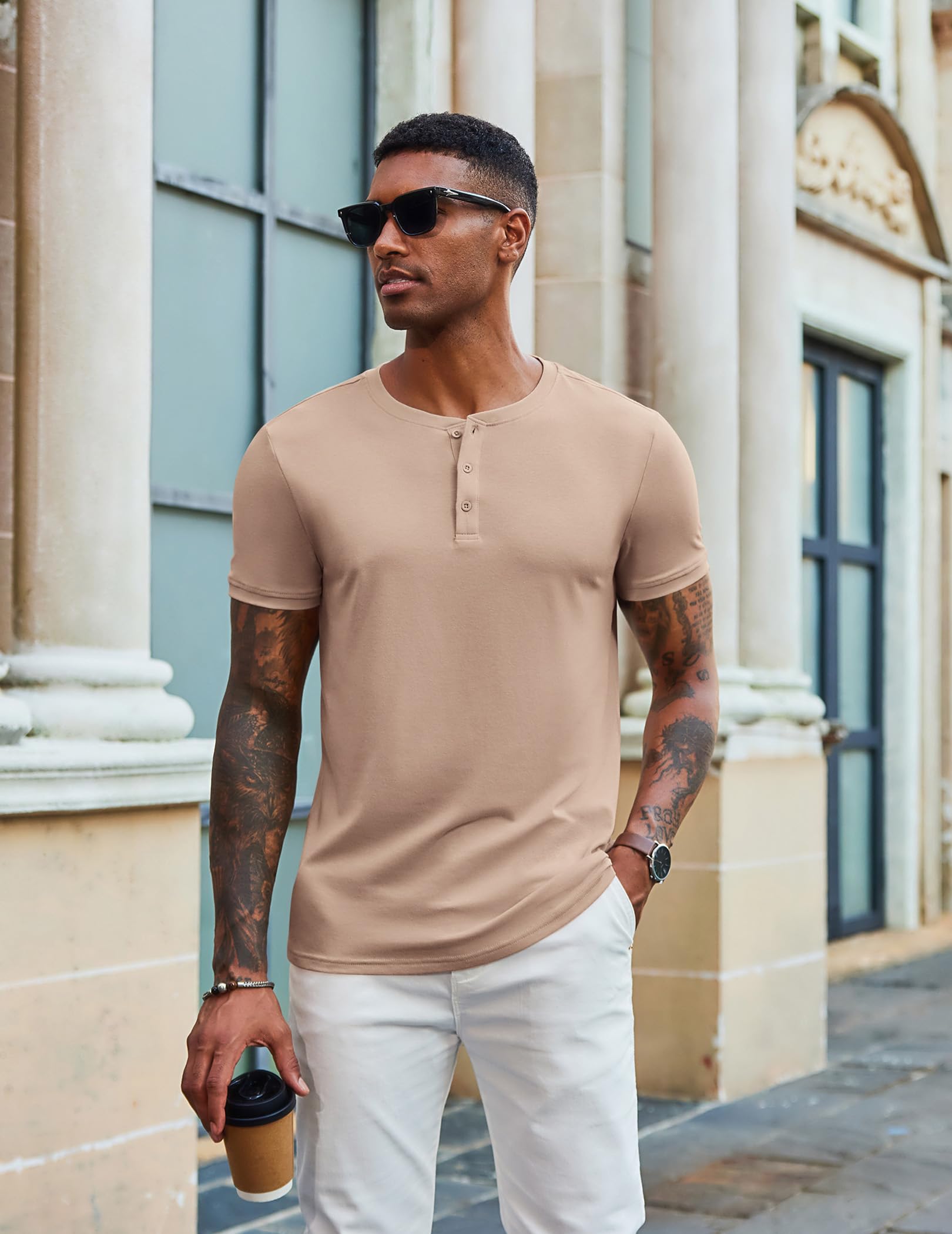 COOFANDY Men's Henley Shirts Short Sleeve Casual Summer Basic Tee Solid Button T-Shirts Light Khaki