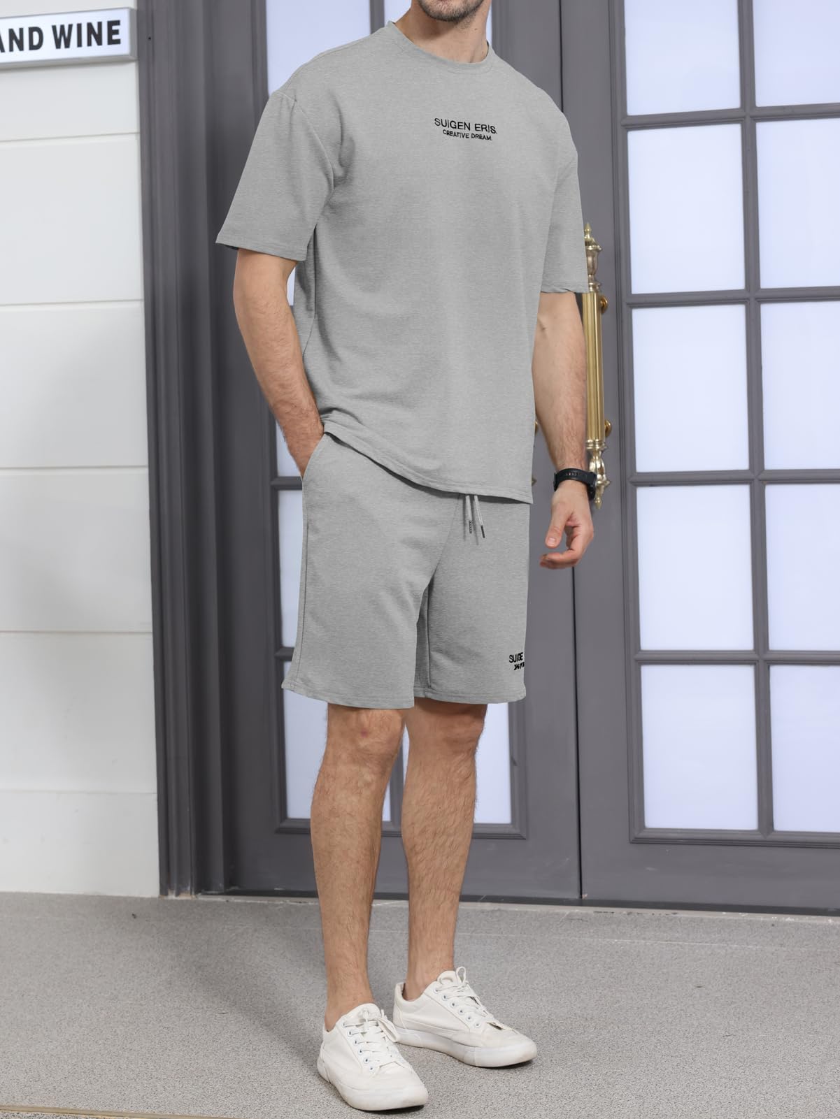 Ryehack Men's T Shirt and Shorts Set 2 Piece Outfits Fashion Summer Tracksuits Casual Letter Embroidery Short Sleeve Crew Neck T Shirt and Drawstring Track Shorts Sportswear Set Grey L