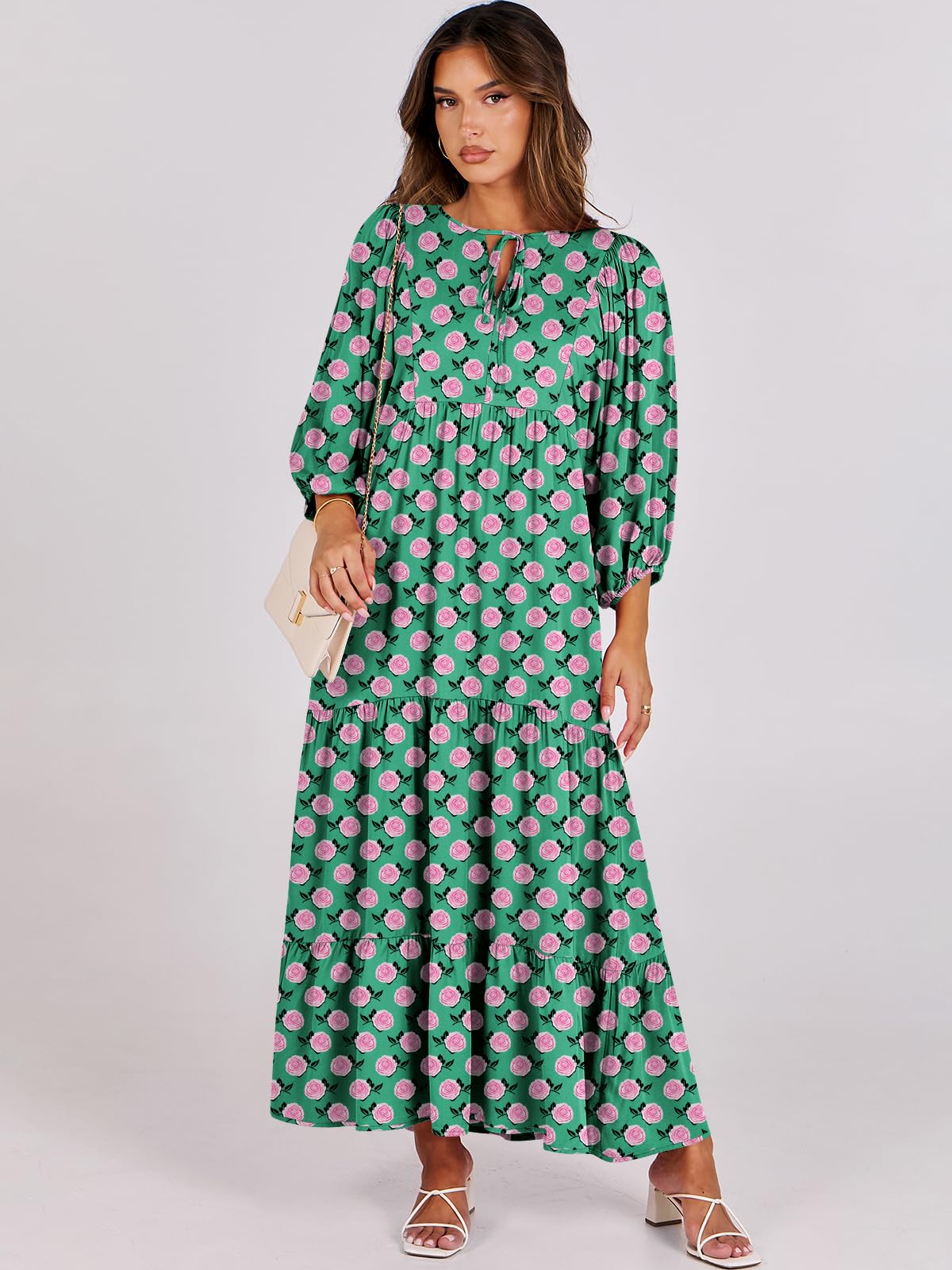 ANRABESS Womens Boho Maxi Dresses 2025 Summer V Neck Puff Sleeve Floral Flowy Swing Fall Casual Long Dress Green Small