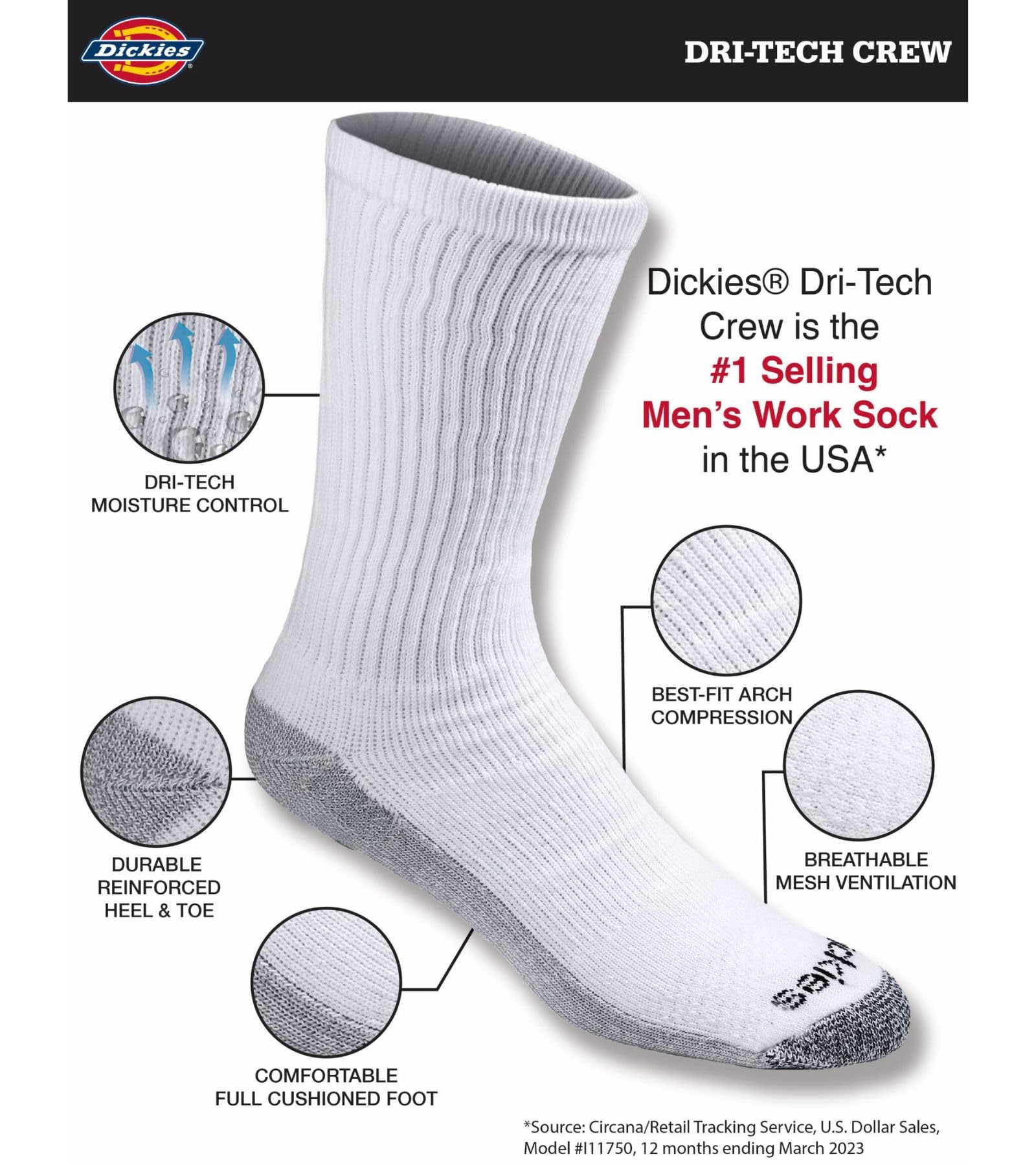Dickies Men's Dri-Tech Original Moisture Control Crew Socks, Available in M-XXL (6, 12, 18 Pairs), White (6 Pairs), Large