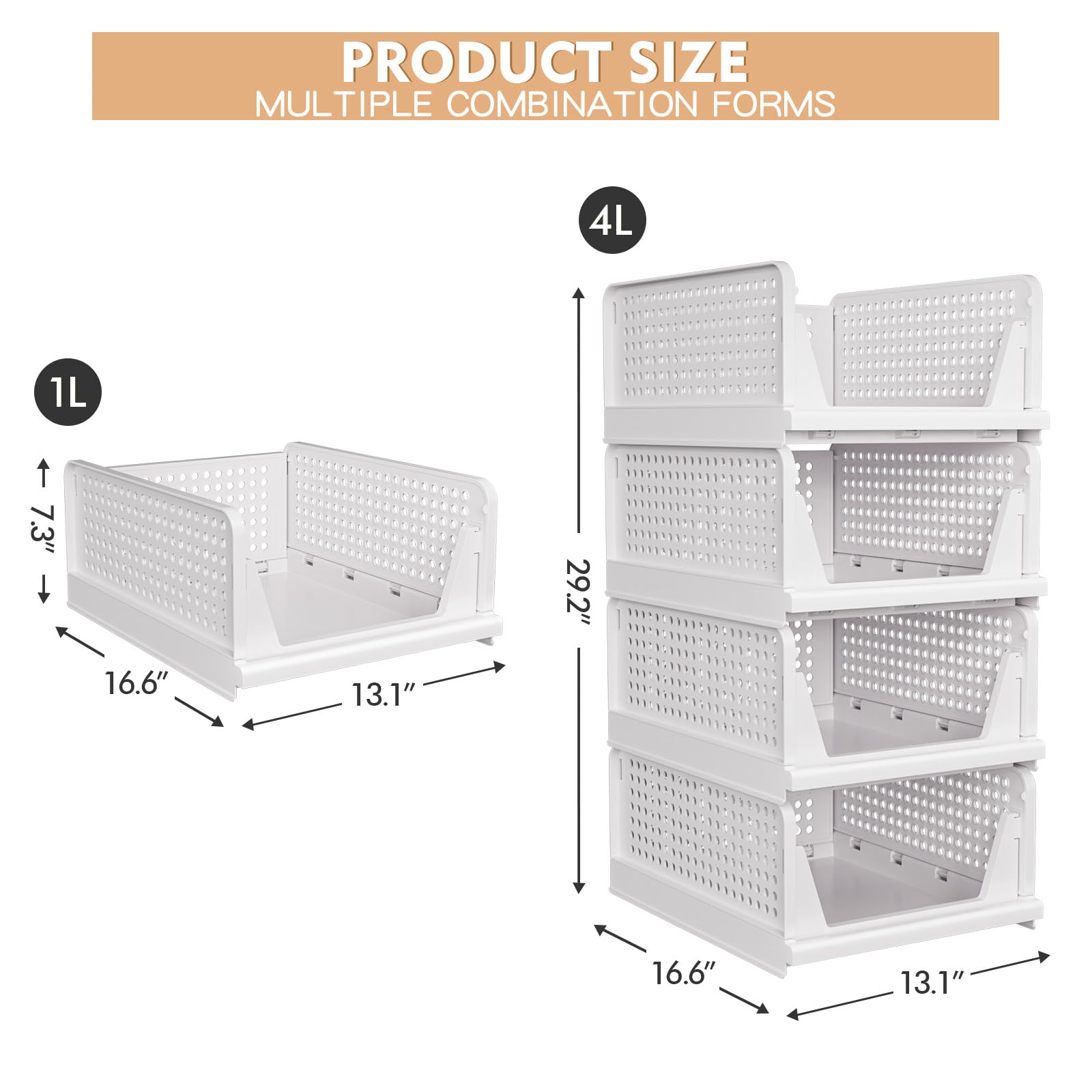 4 Pack Stackable Closet Storage Basket - Stackable Storage Bins, Multifunctional & Foldable Closet Organizer, Wardrobe Cupboard Space-Saving Clothes Storage Hat Organizer, White