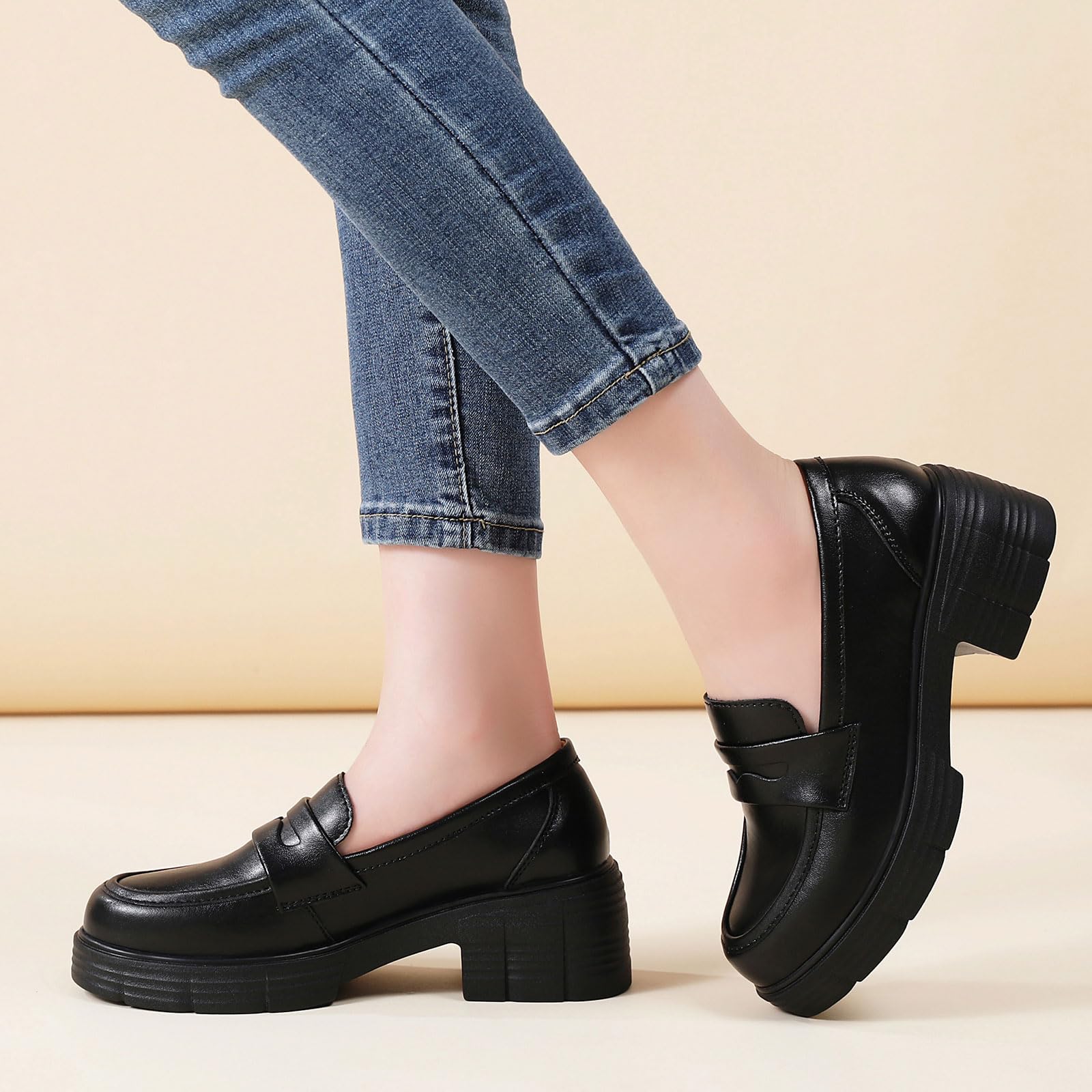 TKKAE Loafers for Women Women's Penny Platform Chunky Loafers Slip-Ons Comfortable Business Casual Dress Office Work Shoes for Ladies,Black Leather,6