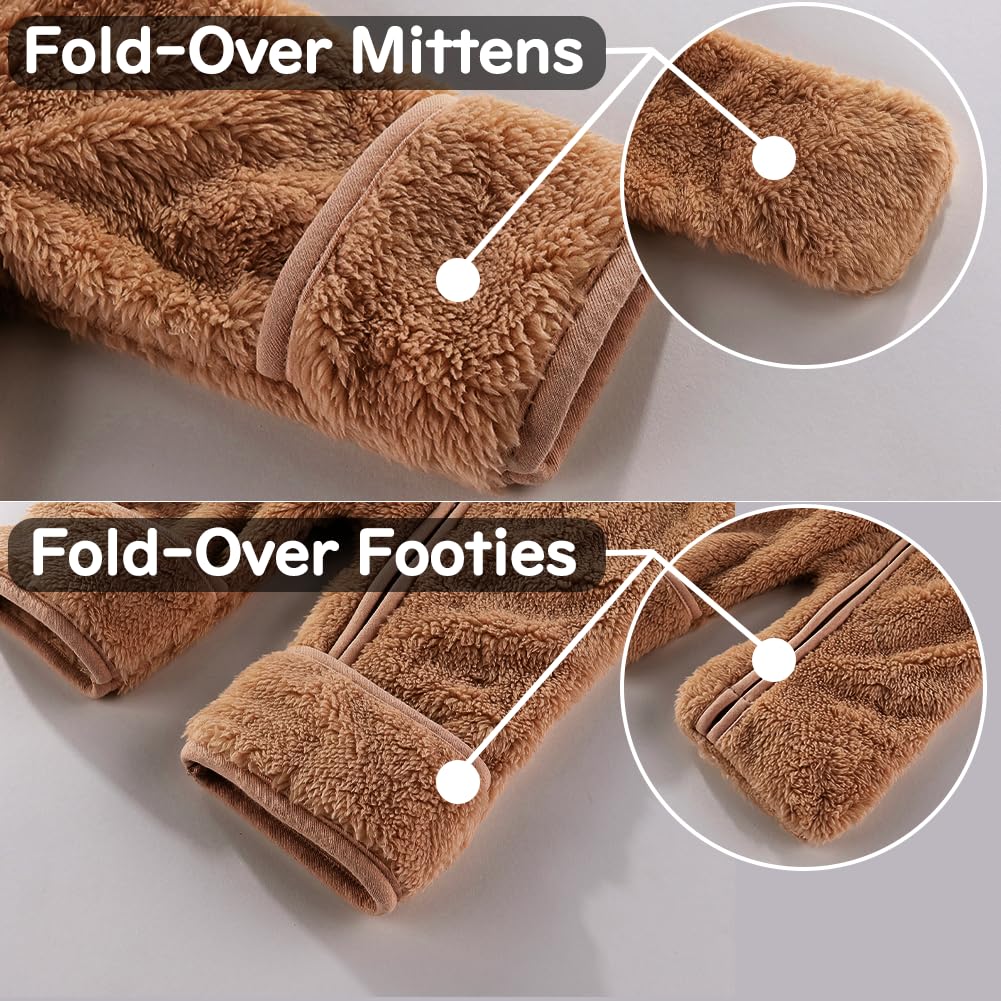 AiWMGL Newborn Baby Bear Outfit Suit With Fold-Over Mittens and Footies Girls Boys 0-3 Months Winter Fleece Clothes Suit Hooded Jumpsuit Romper Snowsuit