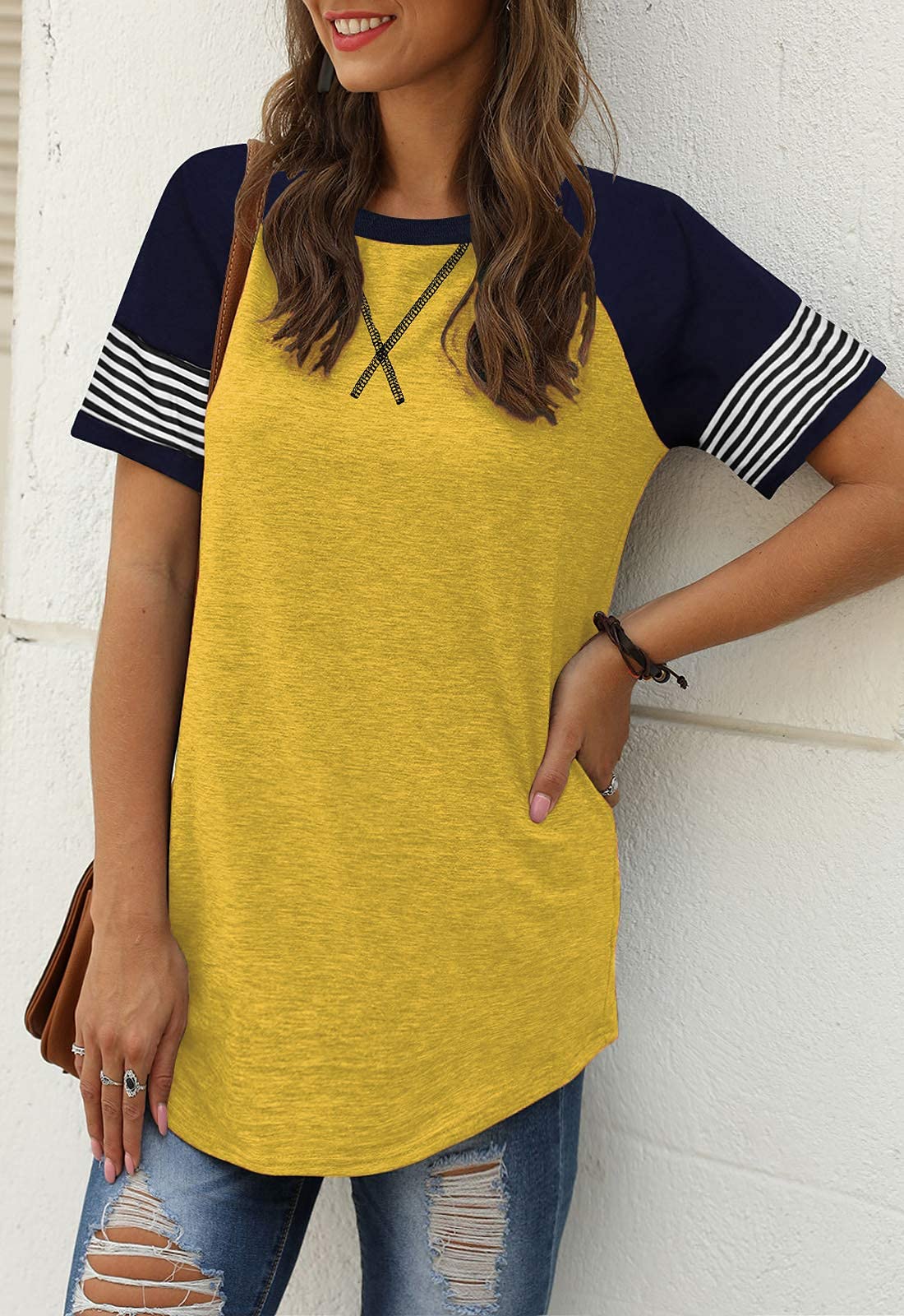 Adibosy Women Summer Casual Shirts: Short Sleeve Striped Tunic Tops - Womens Color Block Tee Tshirt Blouses Yellow L