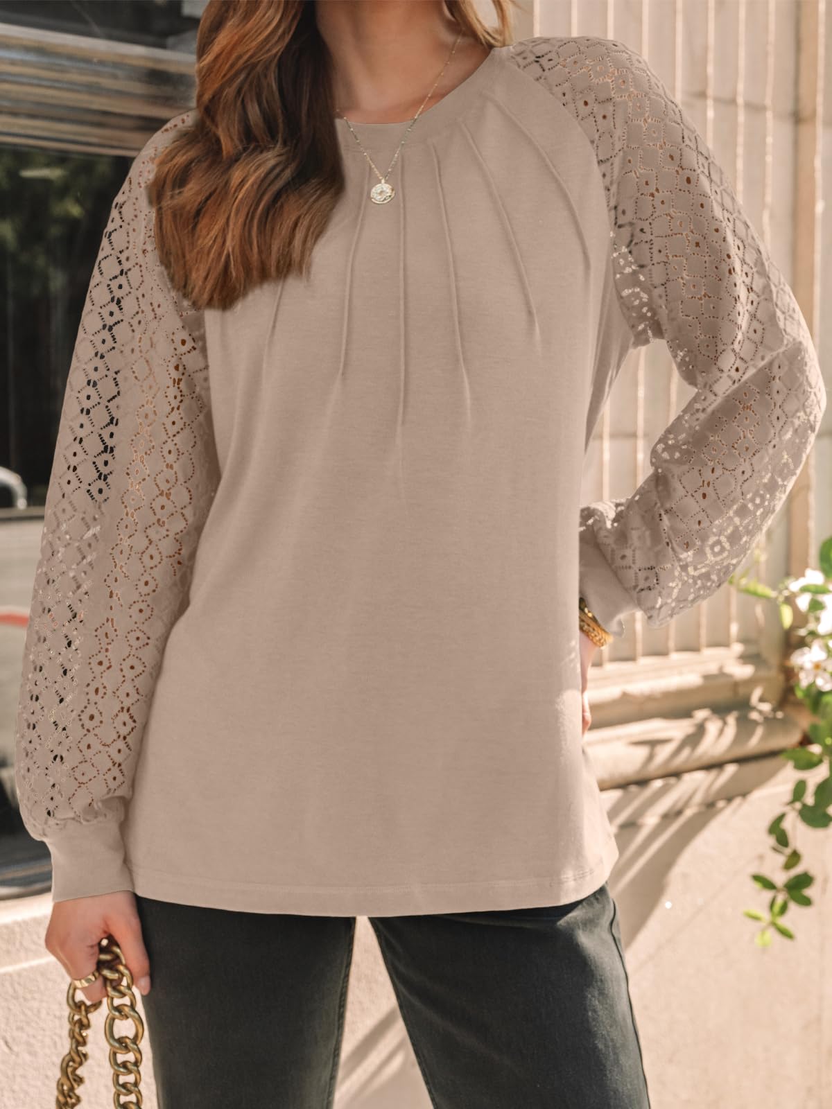 AUTOMET Womens Long Sleeve Shirts Lace Tops Business Casual Blouses 2025 Fall Fashion Teacher Outfits Trendy Clothes Knit T Y2k Ladies Dressy Work Professional Clothing Khaki L