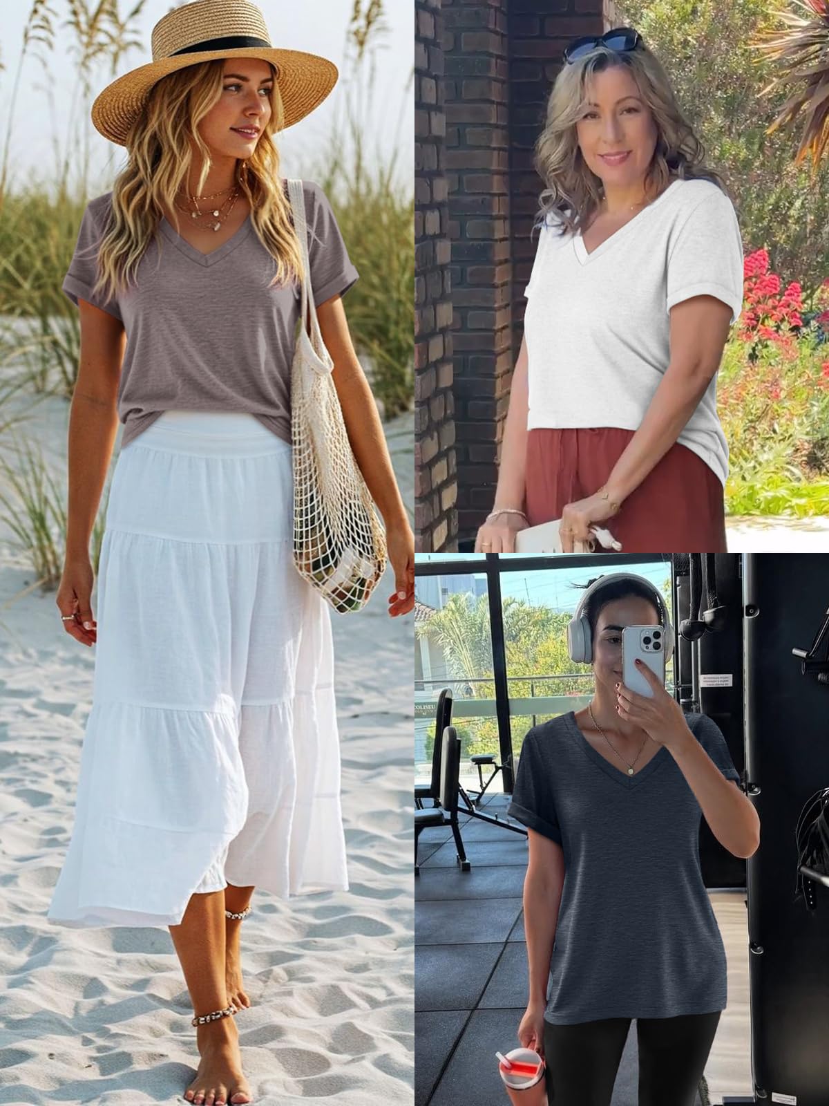 ATHMILE Womens T Shirts for Women Short Sleeve V Neck Basic Tees Tunic Tops Loose Fit Casual Summer Outfits Clothes Beach