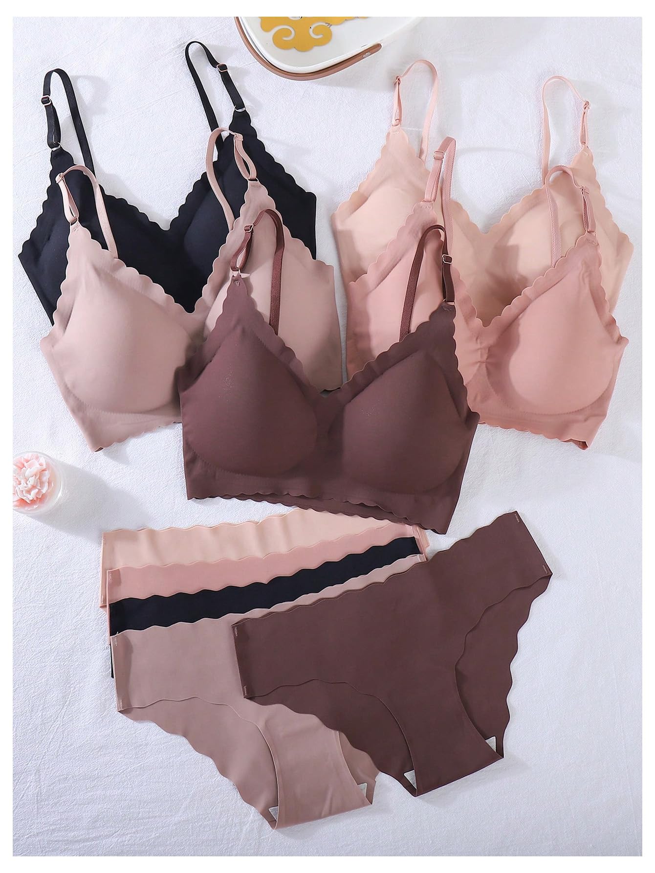 BEAUDRM Women's 5 Pack Seamless Lingerie Sets Scallop Trim Wireless Bralettes No Show Bra and Panty Sets Matching Underwear Multicolor Medium