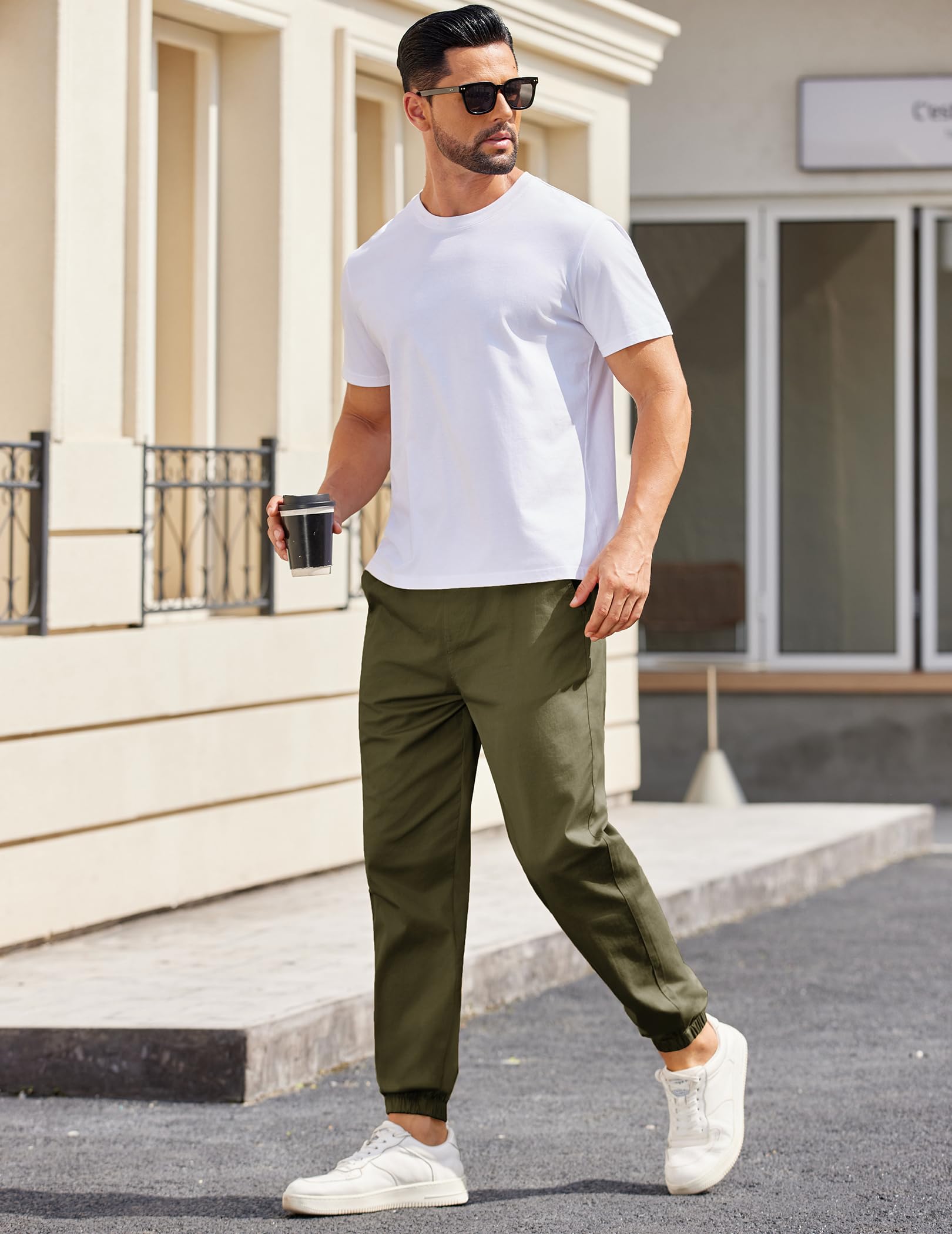 COOFANDY Mens Cotton Casual Pants Stretch Twill Jogger Pants Chino Cargo Hiking Drawstring Sweatpants with Pockets Army Green
