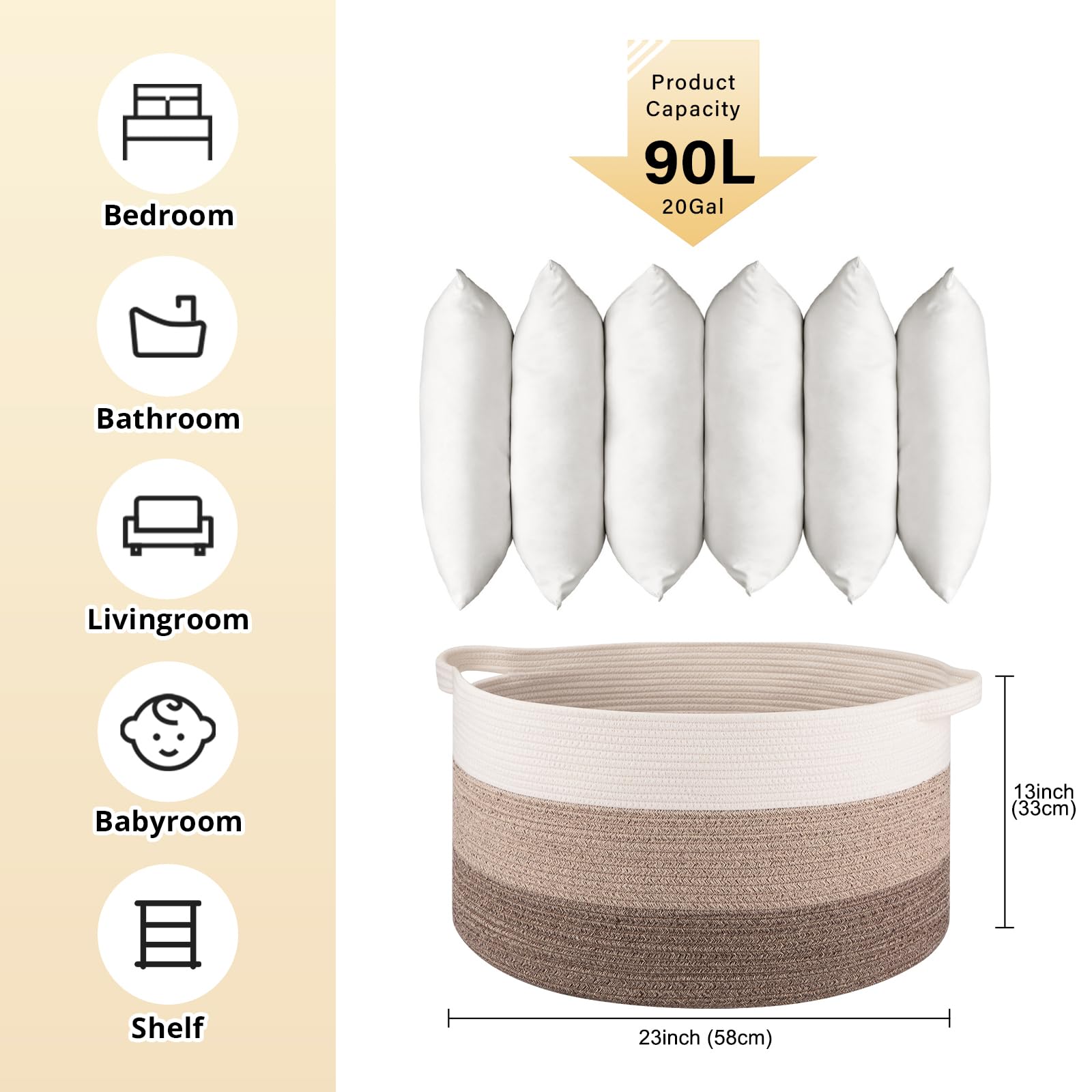 OIAHOMY Extra Large Storage Basket, 23" x 13" Woven Blanket Storage for Living Room, Round Laundry Basket for Pillow - Gradient Brown