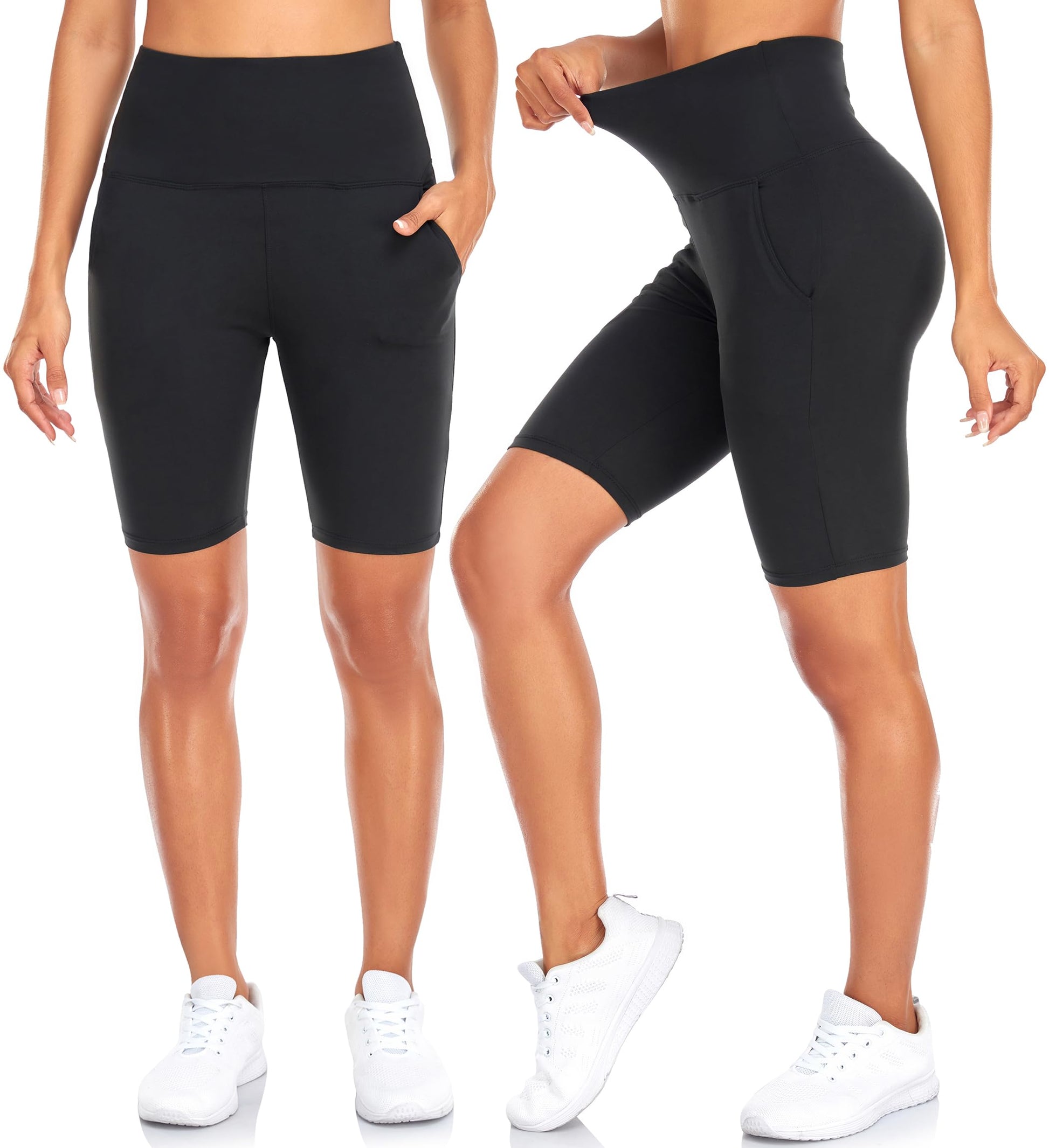 FULLSOFT 4 Pack Biker Shorts for Women – 8" High Waist Tummy Control Workout Yoga Running Compression Exercise Shorts with Pockets(4 Pack Black/Navy Blue/Grey/Pink,Small-Medium)