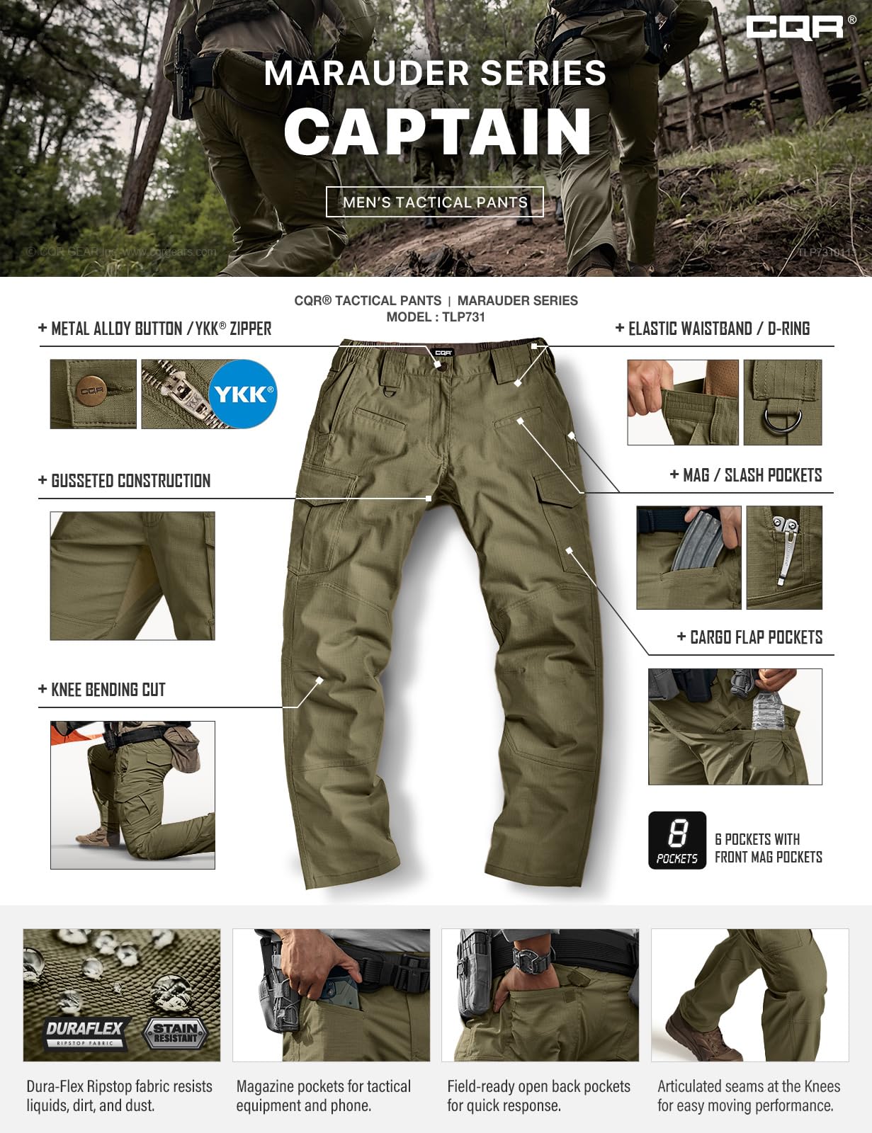 CQR Men's Flex Ripstop Tactical Pants, Water Resistant Stretch Cargo Pants, Lightweight EDC Hiking Work Pants, Marauder Soil Green, 34W x 32L