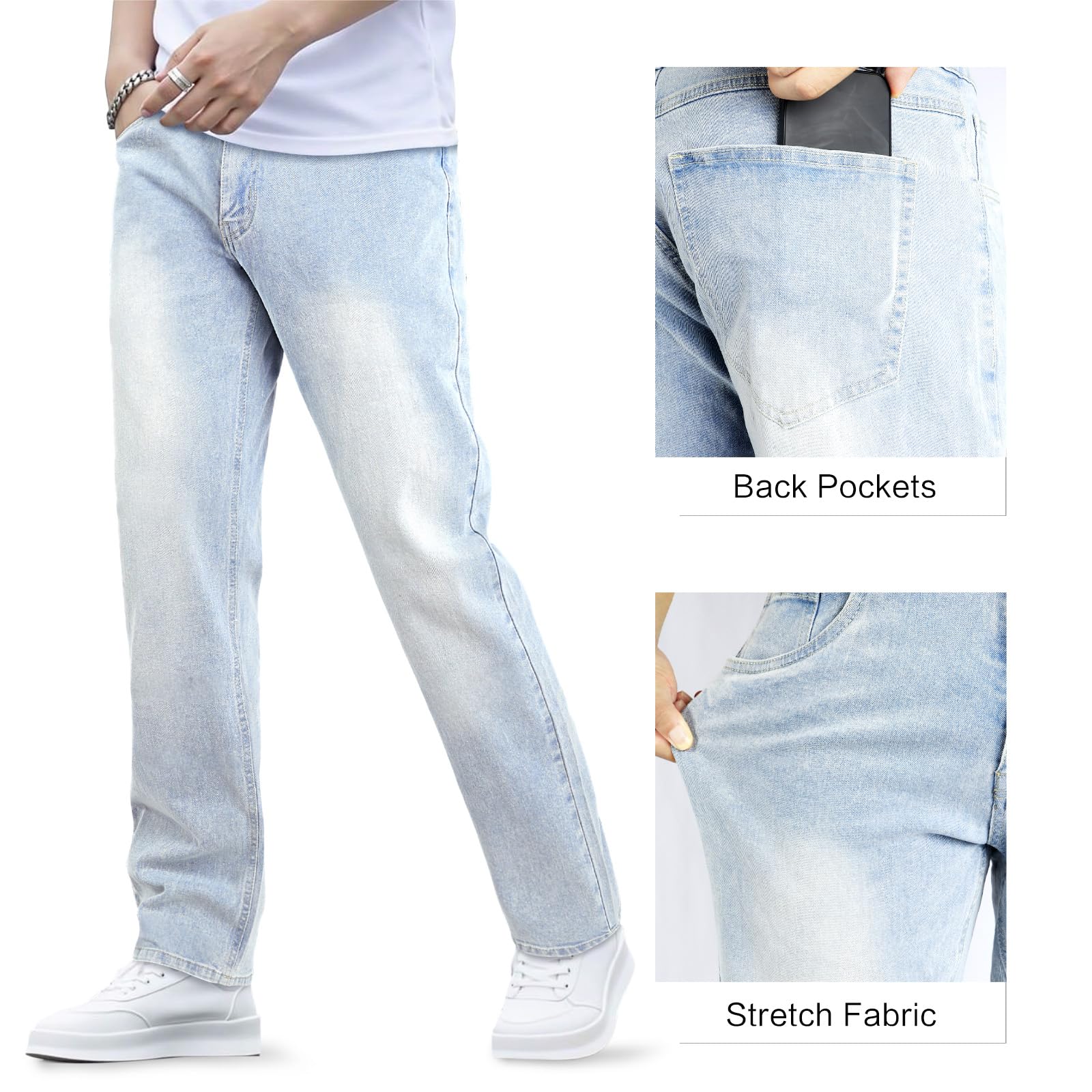 Mens Jeans Relaxed Fit Stretch Denim Jeans Men Slim fit Work Pants Light Blue 30×30