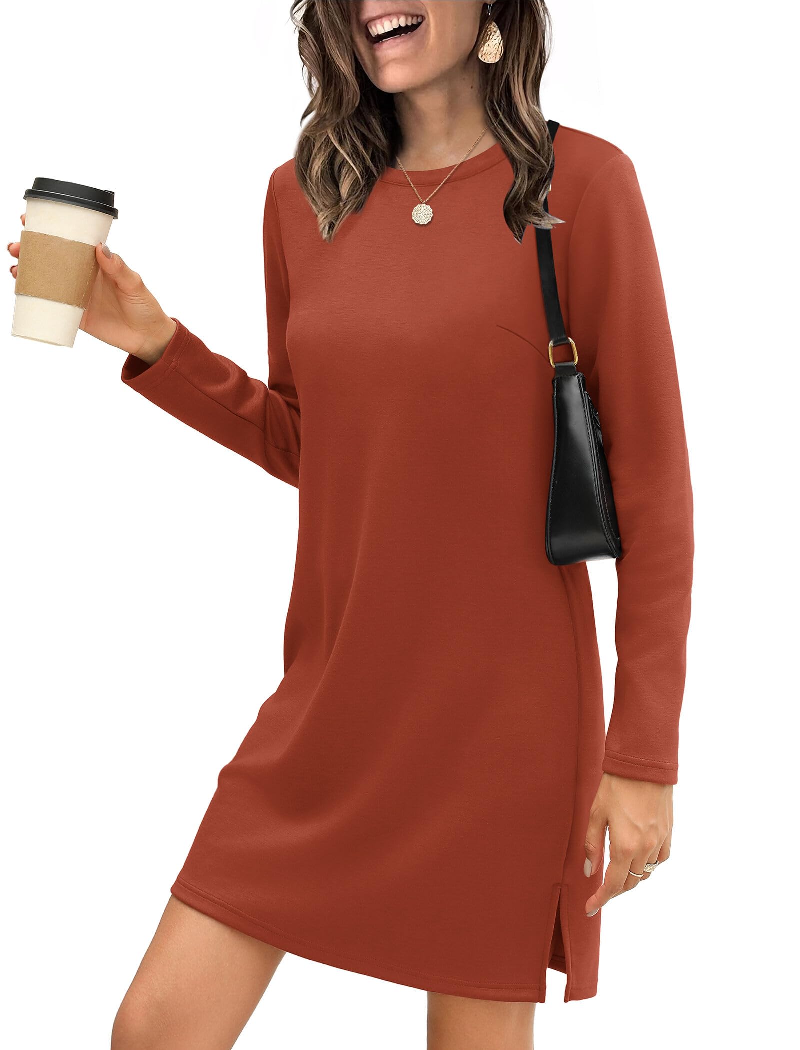 SAMPEEL Fall Dresses for Women 2025 Casual Long Sleeve Sweater Dress Fashion Travel Outfits Clothes M Caramel