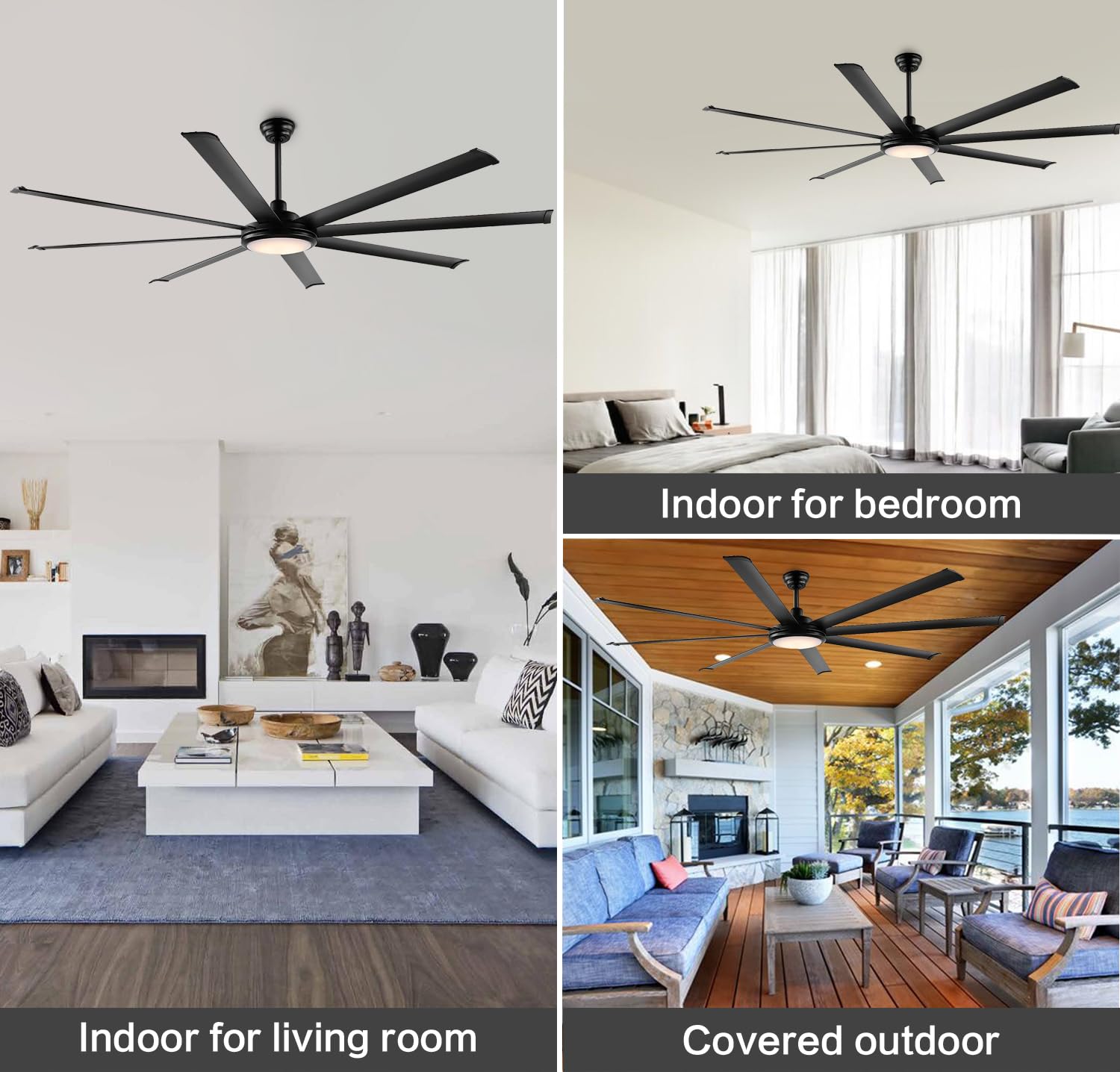 WINGBO 72 Inch Industrial Ceiling Fan with Light and Remote, 8 Aluminum Blades Ceiling Fan, 3CCT, 6-Speed Reversible Noiseless DC Motor for Kitchen Bedroom Living Room, Matte Black