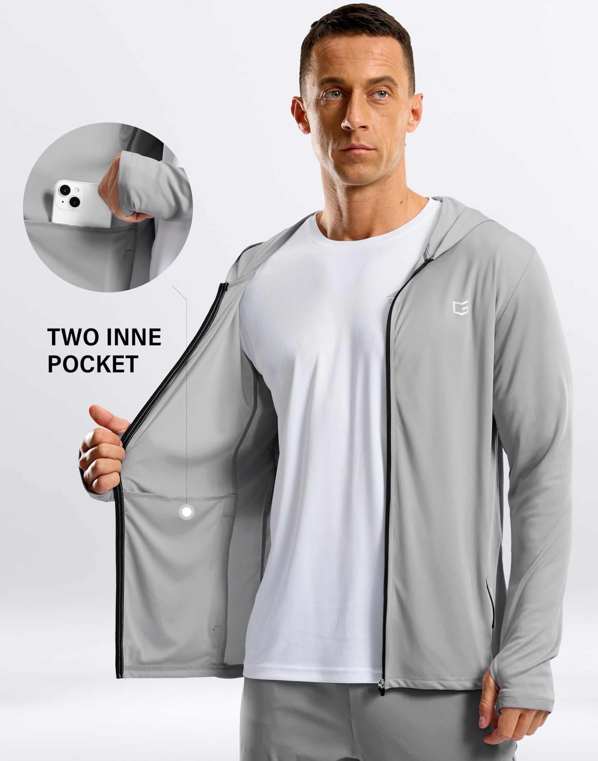 Men's UPF 50+ Sun Protection Hoodie Jacket Lightweight Full Zip Hoodies Long Sleeve Shirts for Men Hiking Fishing(Light Grey,XL)