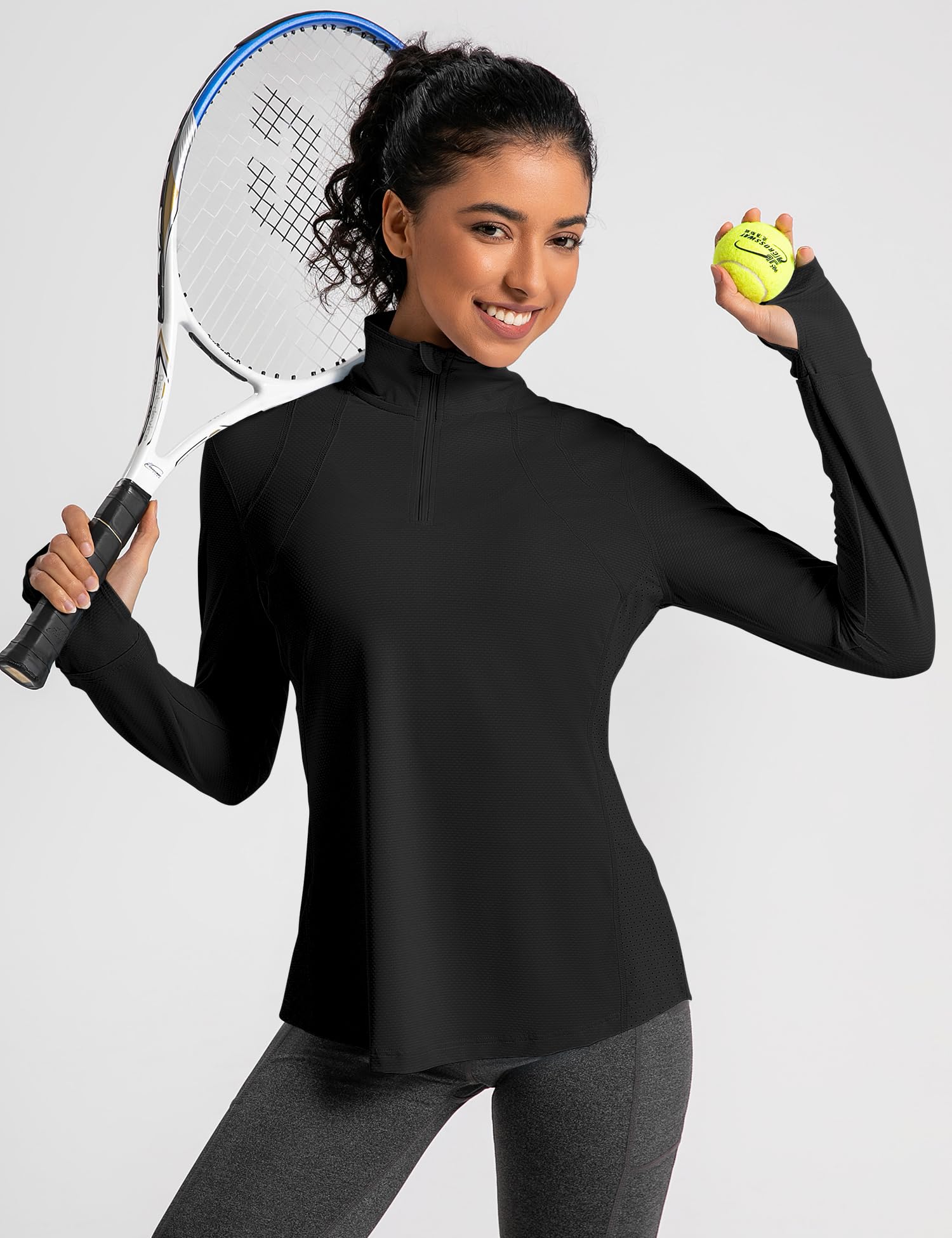 IECCP Womens Long Sleeve Shirts UPF 50+ Sun Protection 1/4 Zip Sun Shirts Summer Quick Dry Workout Golf Tops Quarter Zip Pullover with Thumb Hole (Black,XL)