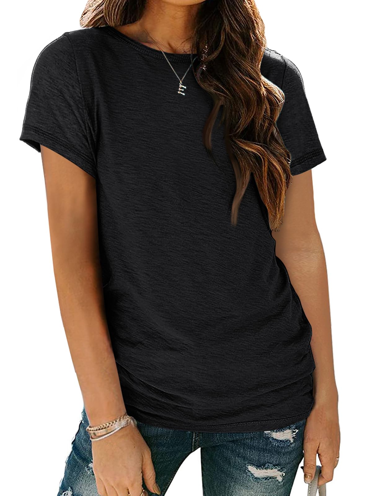 AUTOMET Womens Tops Shorts Sleeve Shirts for Summer Spring Beach Vacation Plus Size Oversized Casual Tee for Teen Girls 2025 02black M