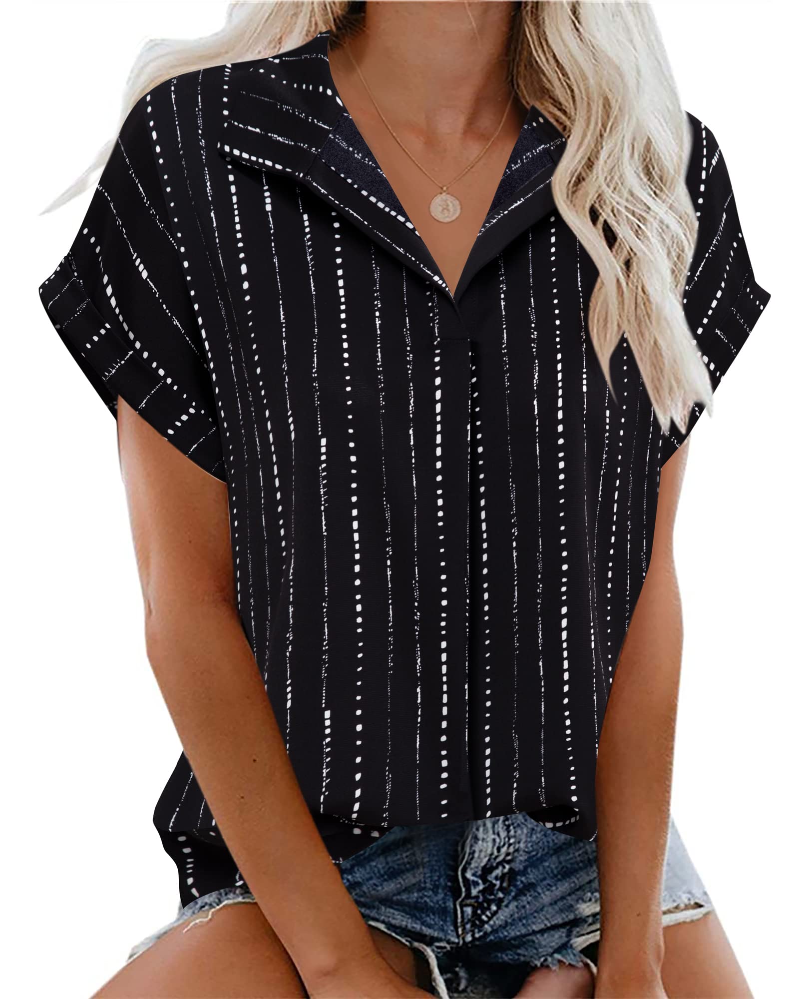 Timeson Summer Tops for Women: Short Sleeve - Black Blouses for Women Ladies Dress Shirts V Neck Chiffon Business Casual Tops Work Attire Office No Iron Professional Interview Outfits Black Stripe L