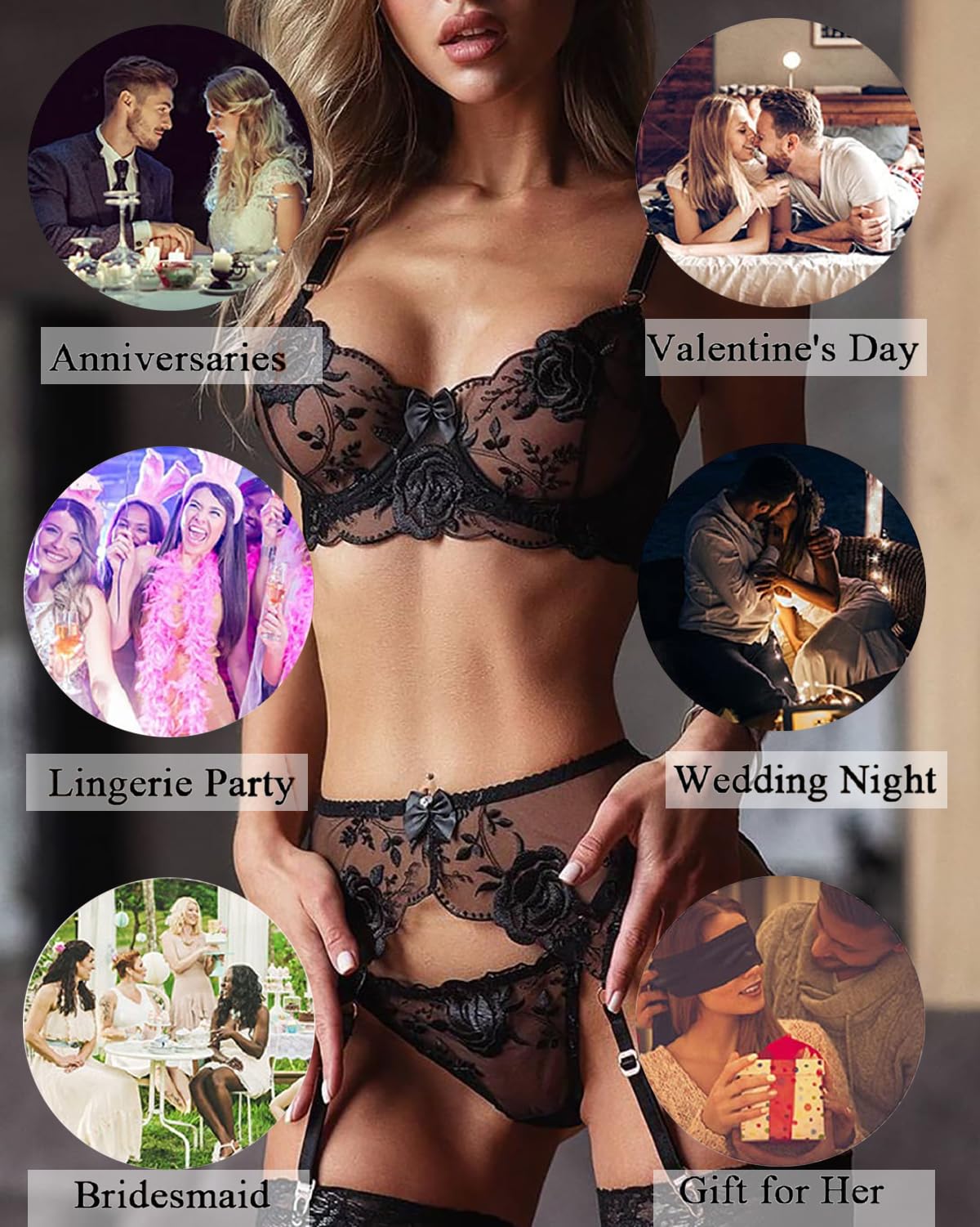 Womens Sexy Floral Lace Bra Thong and Garter Sets Embroidery Lingerie Set Push up Bra and Panty Thong Naughty 3 Piece (Black, S)